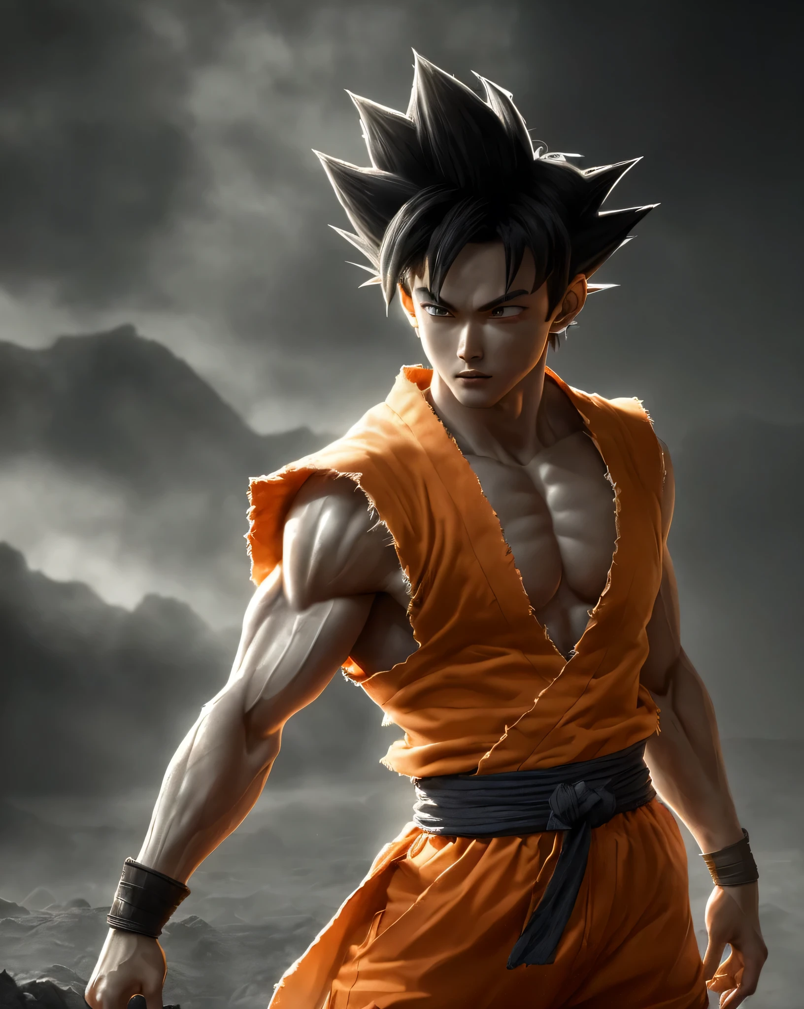 Goku, Sayajin, , ultra detailed eyes, Goku's orange kimono, Goku's orange pants, dragonballZ, yellow energy around the body, bright blue eyes, man, flowing hair, human fur, realistic human skin, striking blue eyes, beautiful body and face - shot, body, beautiful detailed body and face, strong body, musco)))), dust raising(hot dark photos,  hyper-realistic (((portrait))), background of post-apocalyptic ruins,((((HDR+))), 4mm textures, 8k, soft cinematic light, Adobe Lightroom, Photolab, HDR, intricate, elegant, highly detailed, sharp focus, ((((((cinematic appearance)))), soft tones, insane details, intricate details, hyperdetailed, low contrast, soft cinematic light, faint colors, exposure mix, faded, slate atmosphere)