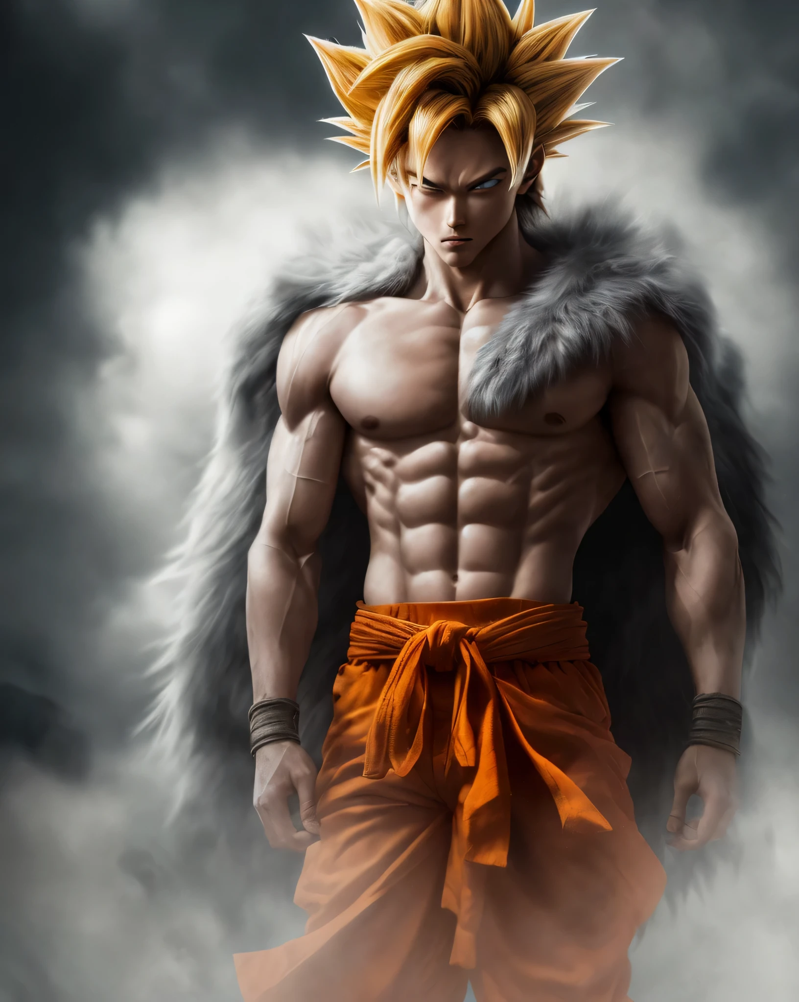 Goku, Sayajin, , ultra detailed eyes, Goku's orange kimono, Goku's orange pants, dragonballZ, yellow energy around the body, bright blue eyes, man, flowing hair, human fur, realistic human skin, striking blue eyes, beautiful body and face - shot, body, beautiful detailed body and face, strong body, musco)))), dust raising(hot dark photos,  hyper-realistic (((portrait))), background of post-apocalyptic ruins,((((HDR+))), 4mm textures, 8k, soft cinematic light, Adobe Lightroom, Photolab, HDR, intricate, elegant, highly detailed, sharp focus, ((((((cinematic appearance)))), soft tones, insane details, intricate details, hyperdetailed, low contrast, soft cinematic light, faint colors, exposure mix, faded, slate atmosphere)