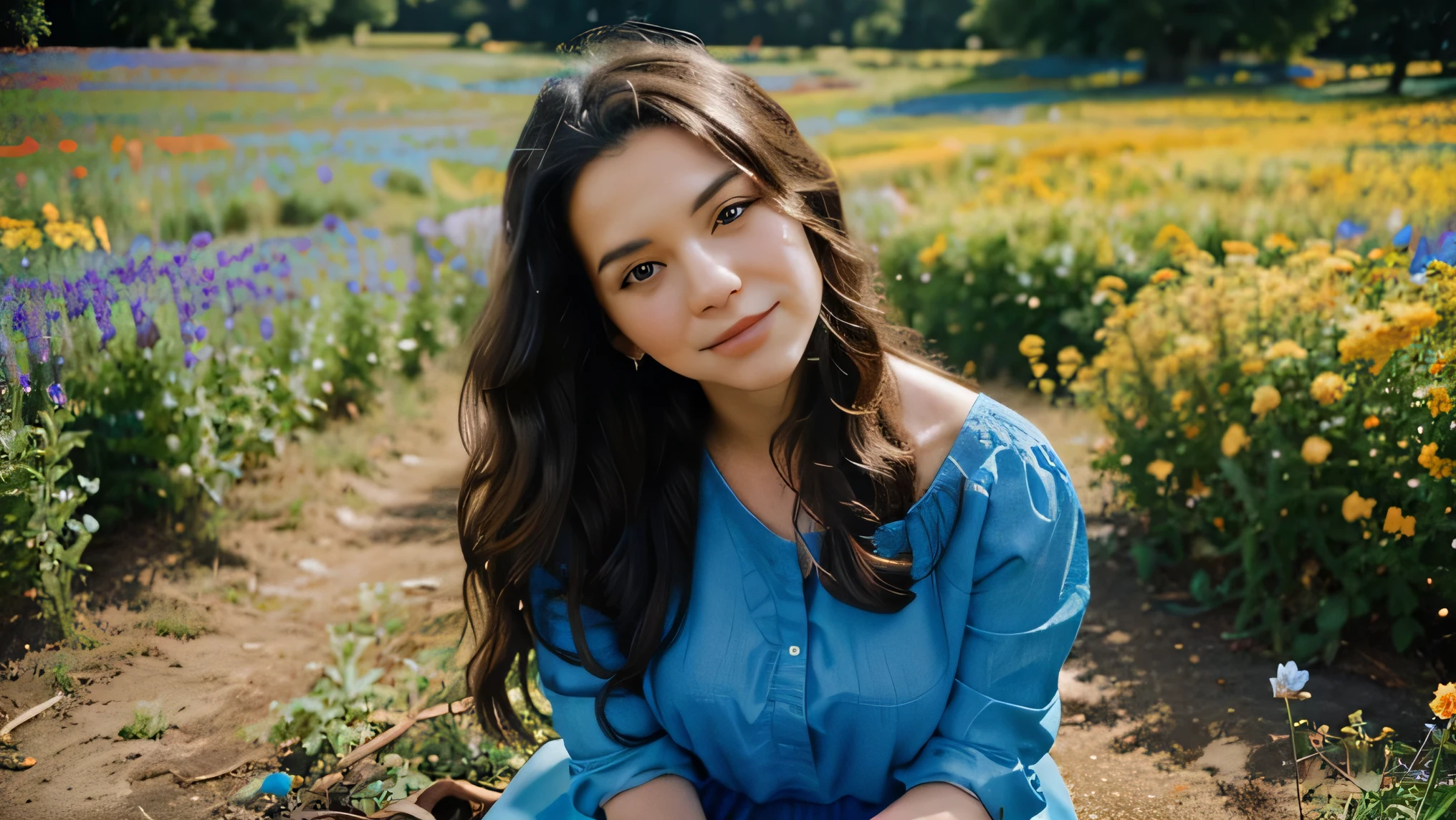 vista frontal, Mujer impresionante feliz con el pelo largo y oscuro y rizado, vistiendo ropa azul sentada en un hermoso campo de flores, flores coloridas por todas partes, algunas mariposas azules y naranjas, perfect lighting, Leica Summicron 35mm F2.0, Kodak retrato 400, film grain