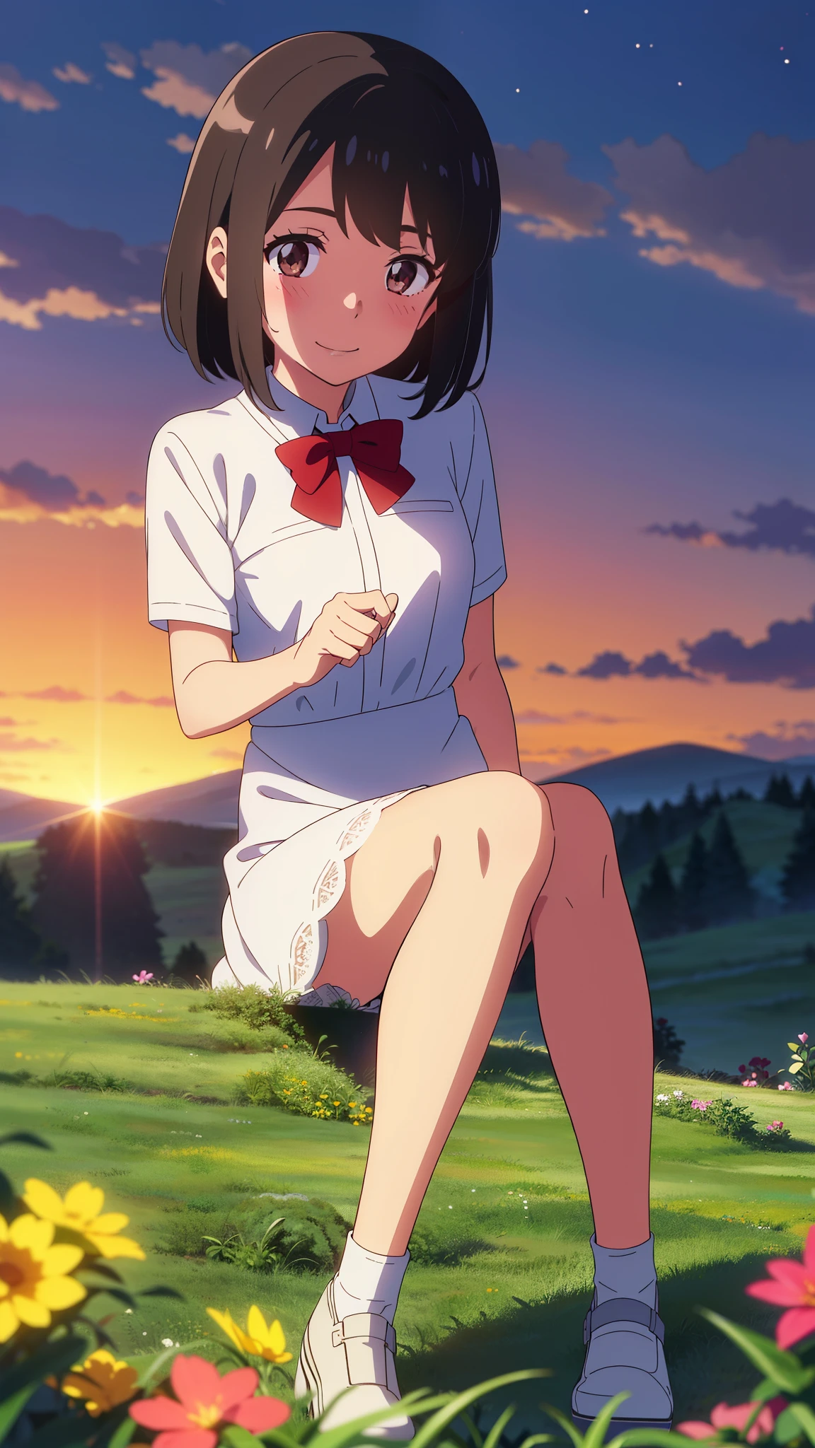 shinkai makoto, kimi no na wa., 1girl, bangs, black hair, blush, brown eyes, shiny skin, Wearing a white lace dress, red headband, short hair, smile, cute, solo, happy, looking at viewer, flower field, Sit on grass, sky, cloudy, evening, sunset