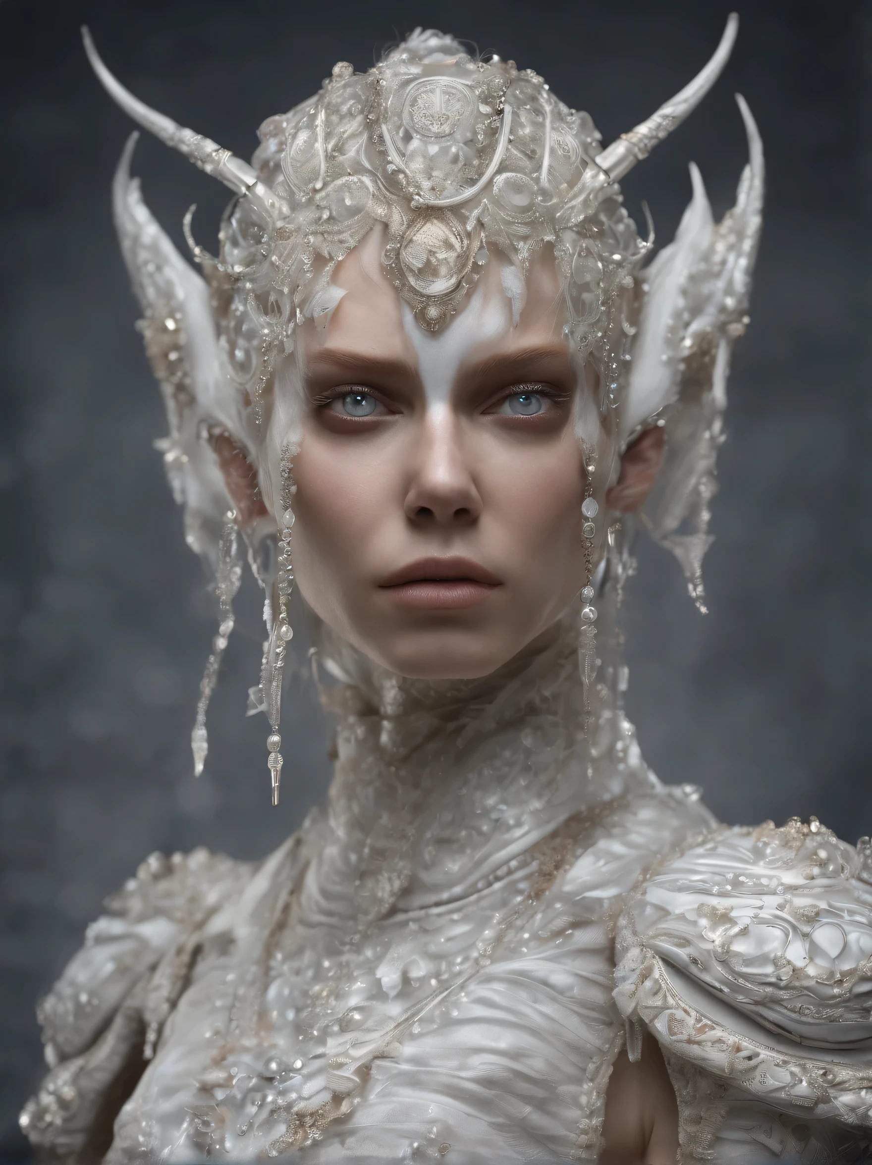 Incredibly detailed photography of a beautiful olbina vampire alien, renaissance, Cheveux longs et blancs, yeux blancs complexes, Fantastique, ethereal, hyperdetailed, 32k resolution, dinamic lighting, nombril couvert, hyper detailed, intricate high detail, Tendances sur ArtStation, Costume de luxe blanc, volumeric lighting, BalenciagaStyle