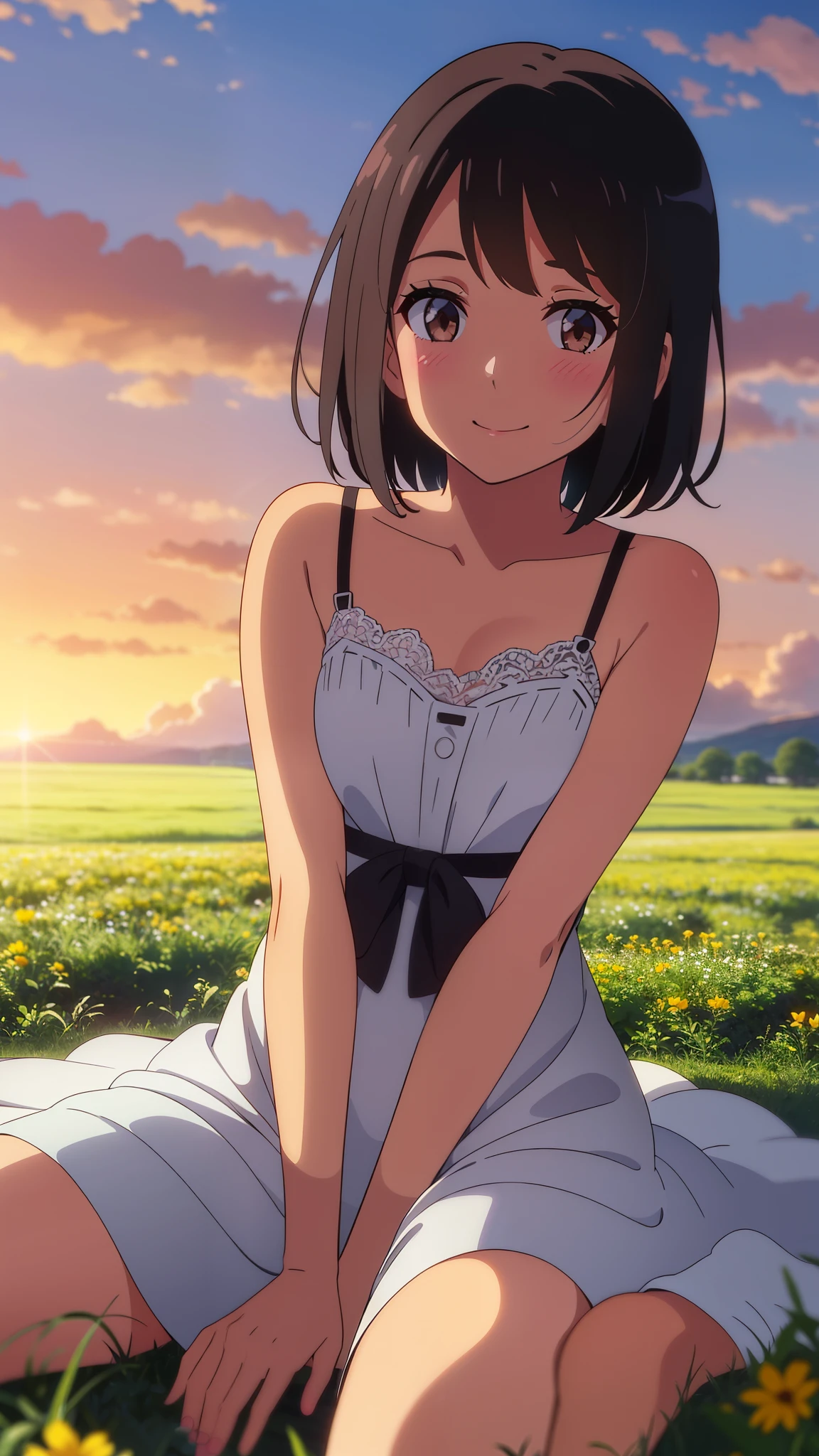 shinkai makoto, kimi no na wa., 1girl, bangs, black hair, blush, brown eyes, shiny skin, Wearing a white lace dress, red headband, short hair, smile, cute, solo, happy, looking at viewer, flower field, Sit on grass, sky, cloudy, evening, sunset