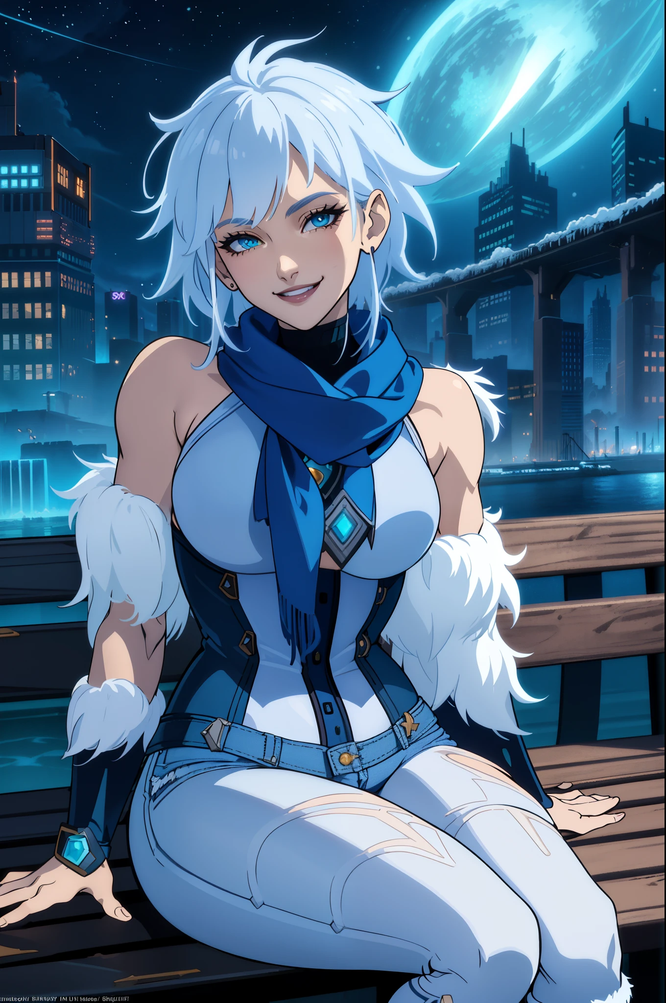 (extremely detailed CG unity 4k wallpaper),(masterpiece),(best quality),(ultra-detailed),(best illustration),(best shadow),(absurdres),(detailed background) Killer frost, smiling, white coat, blue denim jeans, white boots, blue scarf, sitting on bench, Gotham city, night, winter, snow, looking at viewer.