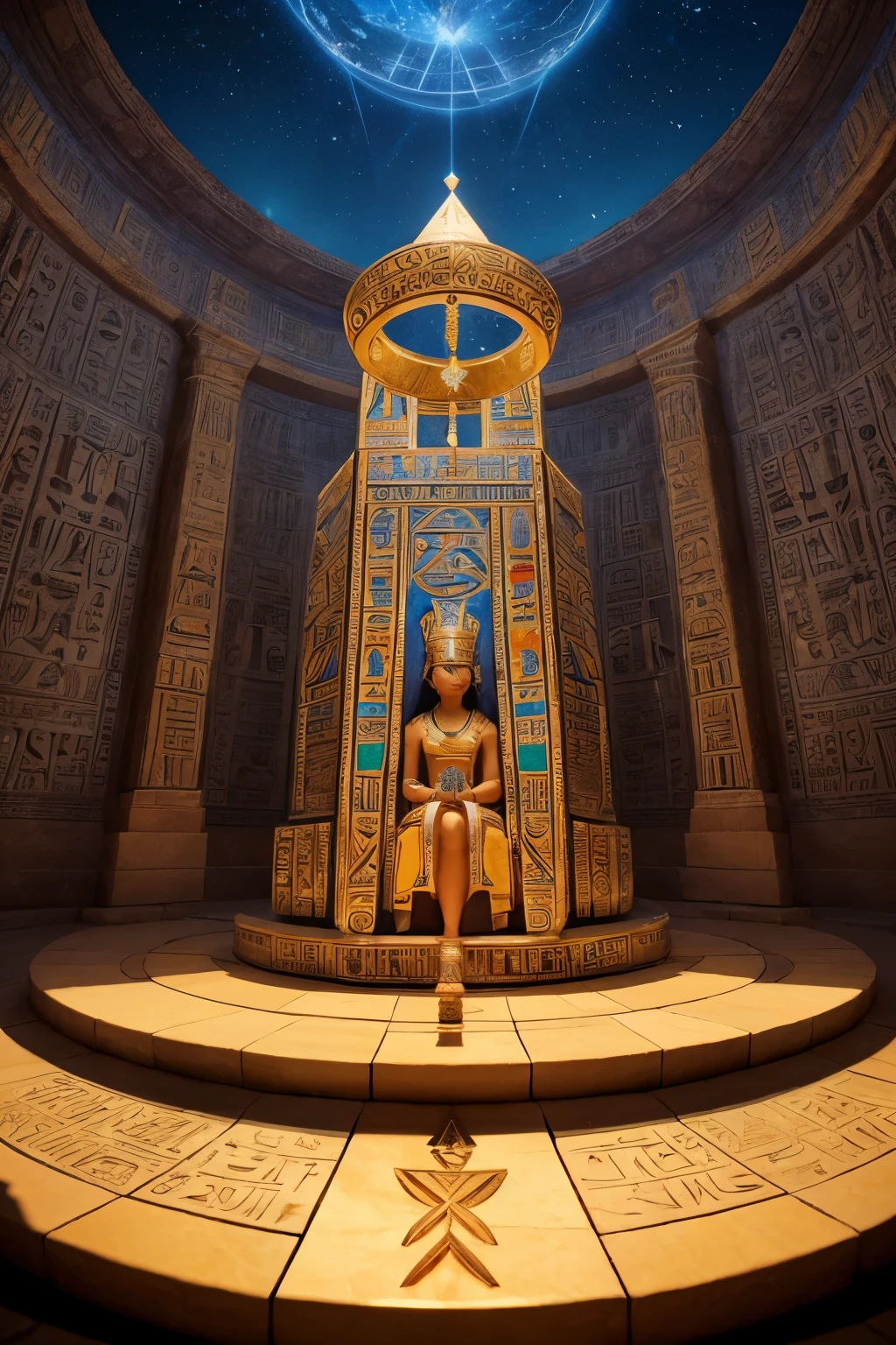 A kaleidoscopic ancient Egyptian visualisation showing a ankh and goddess in crown wide angle shot with, her wearing rrrobes