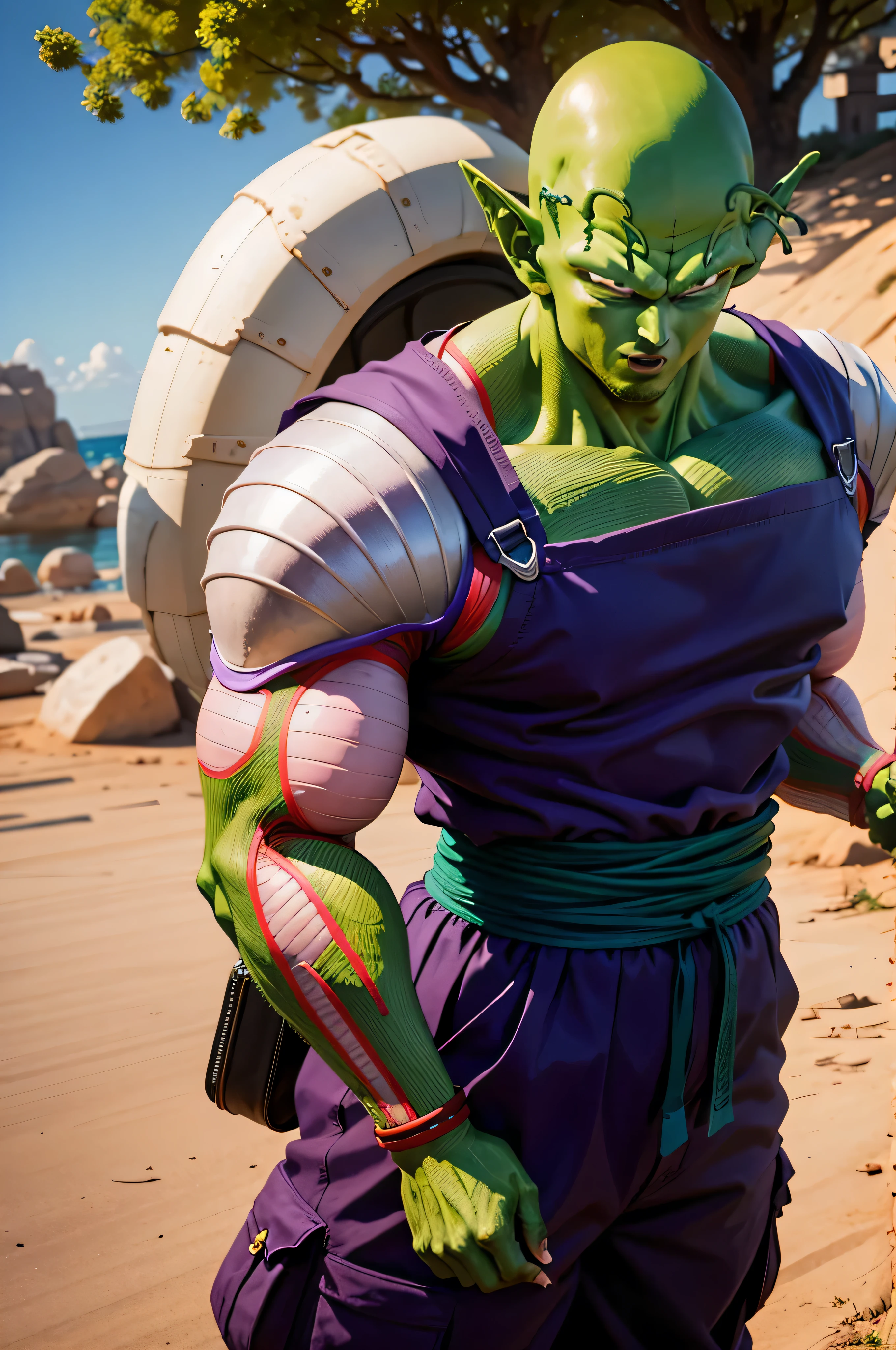masterpiece, best quality, realistic, photorealistic, 8k,piccolo, 1boy, male focus, solo, standing, pointy ears,(tactical combat armor purple dougi), green skin, oni horns, purple cargo pants, closed mouth, looking at viewer, ((bald)),arms at sides,pink patches,black eyes, blue sash, rocks, grassfield,realistic