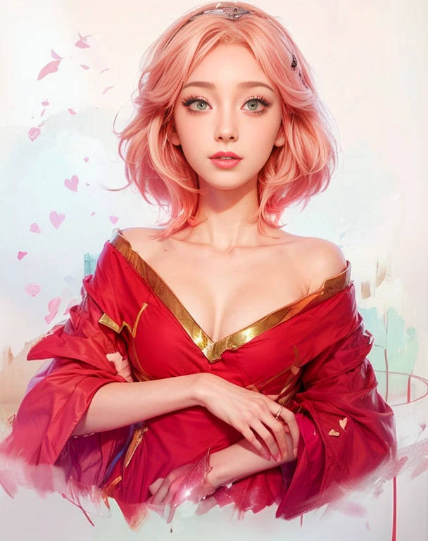 young woman, white skin, bubblegum pink hair up, wide forehead, pink eyebrows, big emerald green eyes, upturned nose, full lips, perfect smile, heart-shaped face, white dress, high detail, sharp focus, Sakura Haruno, realistic , realism, 3d