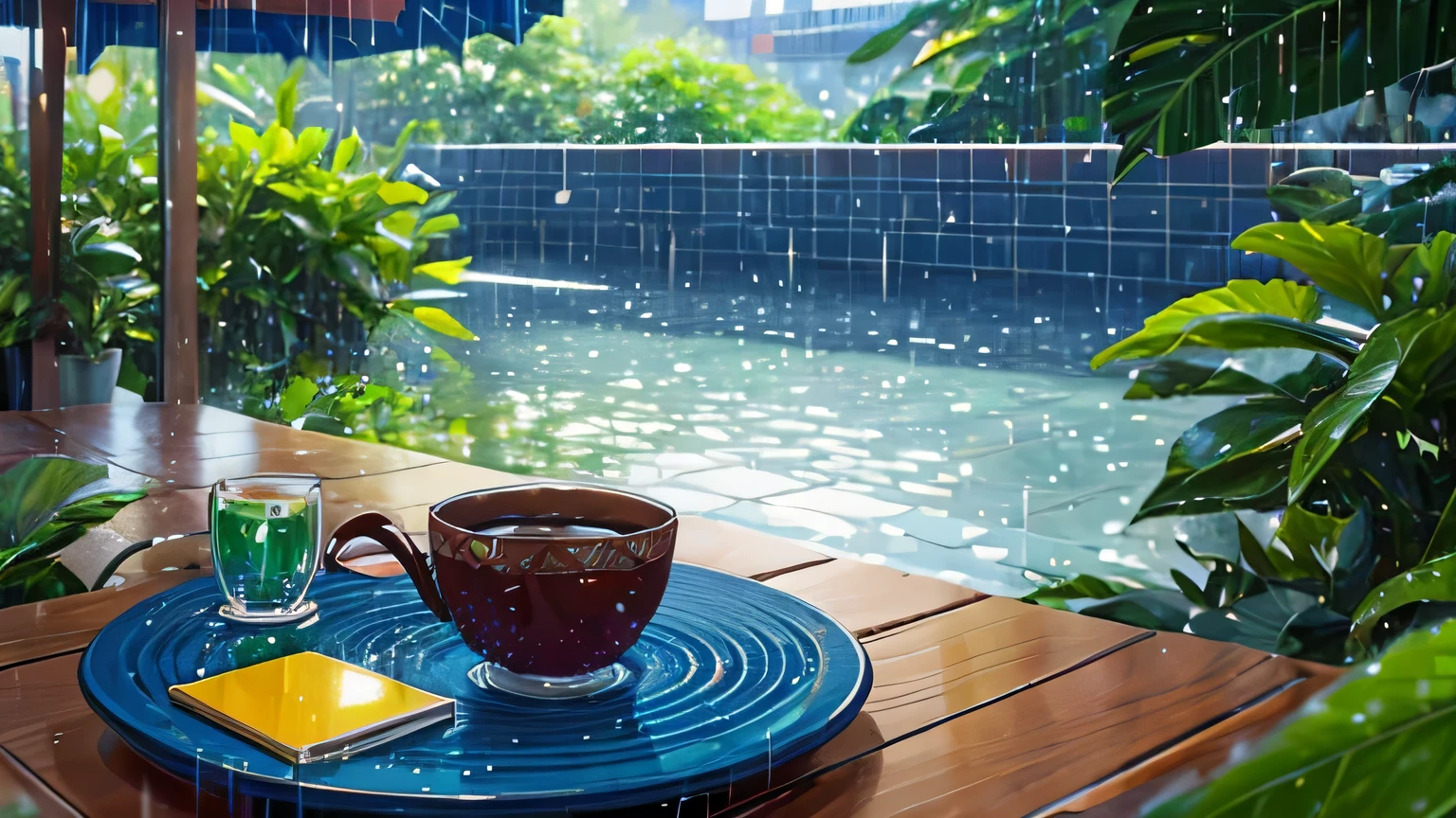 Um jardim pixelado na cobertura na chuva. Plantas e flores pixeladas brilham com gotas de chuva. A pixelated table holds a pixelated coffee cup and a pixelated laptop is open. Pixelated lo-fi songs accompany the sound of pixelated rain.