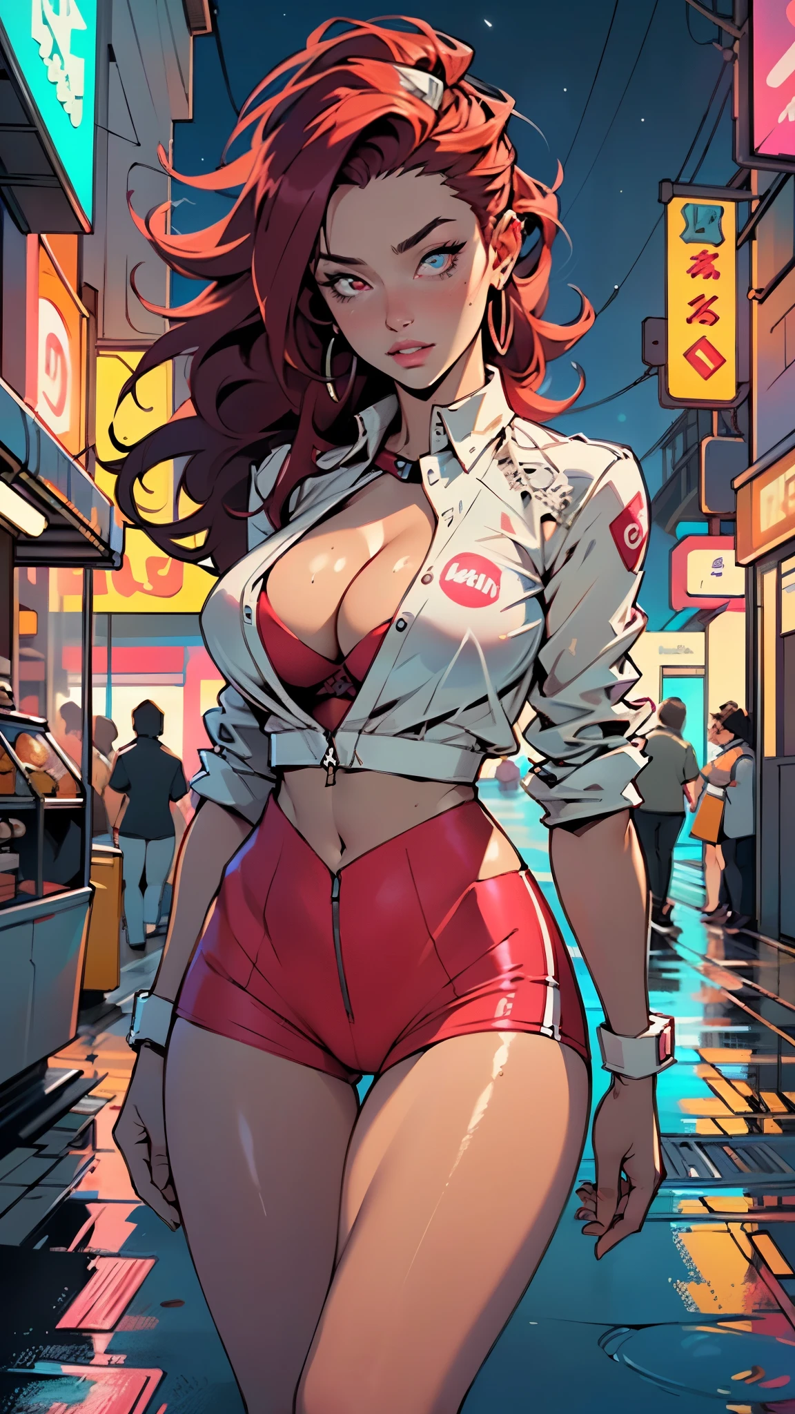 cute pit girl,(((1girl))),((pit girl with extremely cute and beautiful red hair)),
(huge breasts:1.4),saggy breasts,(((red voluminous hair:1.35,absurdly long unkempt hair,colored inner hair,ear breathing,large hair))),((heterochromia:1.5, (red_eye and pink_eye))),intricate eyes,beautiful detailed eyes,symmetrical eyes,((fat)),(((lustrous skin:1.5,bright skin: 1.5,skin tanned,shiny skin,very shiny skin,shiny body,plastic glitter skin,exaggerated shiny skin,illuminated skin,wet legs))),(spider lower abdomen,narrow waist,wide hip,athletic body,inflated legs, thick thighs,detailed body,(detailed face)),
cute,slutty,seductive,erotic,(nsfw),
zettai ryouiki,(((race queen style costume, attractive companion costumes,pit girl costume))),(magenta suit unbuttoned,magenta costume),(((huge cleavage))),cleavage cutout,((wet clothes,intricate outfit,intricate clothes)),
(dynamic pose:1.0),solo focus,embarrassed,(centered,scale to fit dimensions,Rule of thirds),
cyberpunk city by the ocean at night, with bright neon signs and dark stormy clouds and puddles, scenery:1.25,nighttime, starry night, cosmos,Very dark night that makes the neon lights stand out, very bright neon lights,nighttime, starry night, cosmos,
artistic photography,(photography taken by sldr),highres, sharp focus,(ultra detailed, extremely detailed), (photorealistic artwork:1.37),(extremely detailed CG unity 8k wallpaper),((synthwave background theme)),(((vibrant colors))),intricate,(intricate background),(masterpiece),(best quality),perfect rendered face,perfect face details,realistic face,photo realistic,analog style,((intricate detail)),(((realism))),