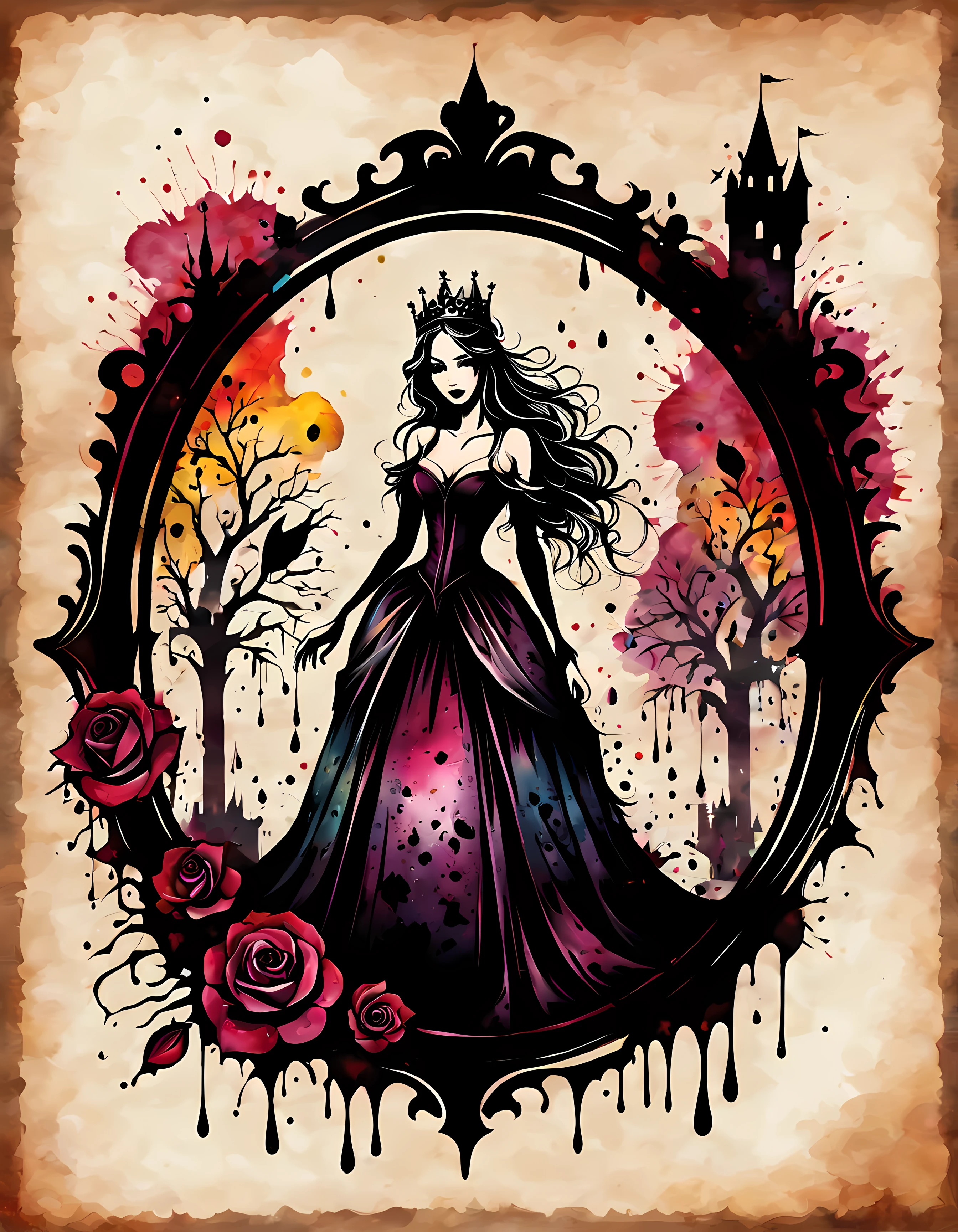 Inkstains, Masterpiece in maximum 16K resolution, ((inside a round frame with complex gothic patterns and roses)) an alluring vampire queen, wearing a tiara and an elegant long dress, flowing hair, (magical trees, castle on the hill), ((made out of colorful ink splatters)). | ((More_Detail))