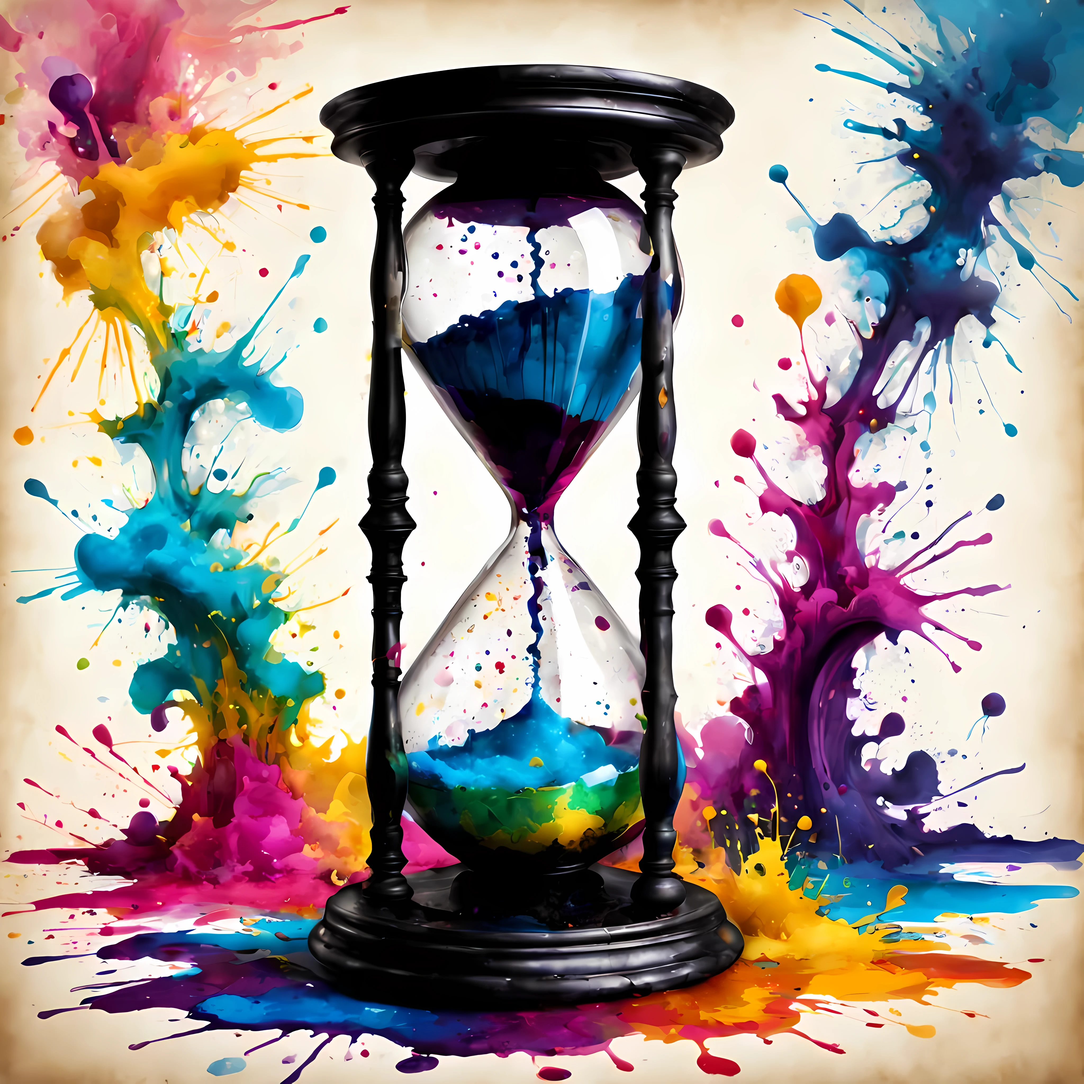 Masterpiece in maximum 16K resolution, a ((close up)) of a magical hourglass ((filled with visions of Victorian Era)), ((made out of colorful ink splatters)). | ((More_Detail))