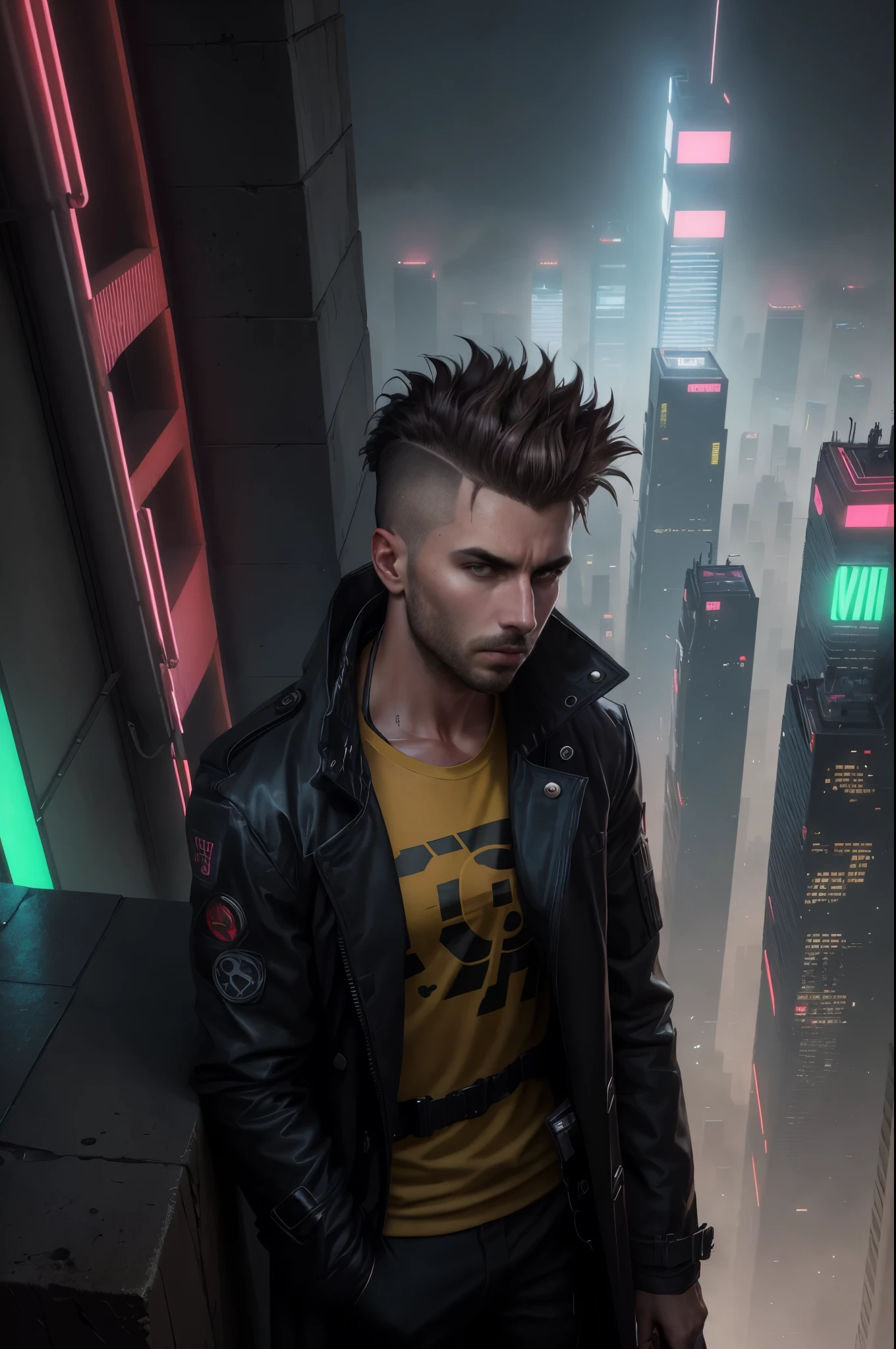 A man, 30 years old, brown eyes, hair shaved on the sides, combed back, wearing a dark trench coat with the collars turned up. He is leaning against the parapet of a building, observing from above the night of the cyberpunk city below in the background. Background futuristic cyberpunk make it realistic, Blade Runner, 8k, ultra hd
