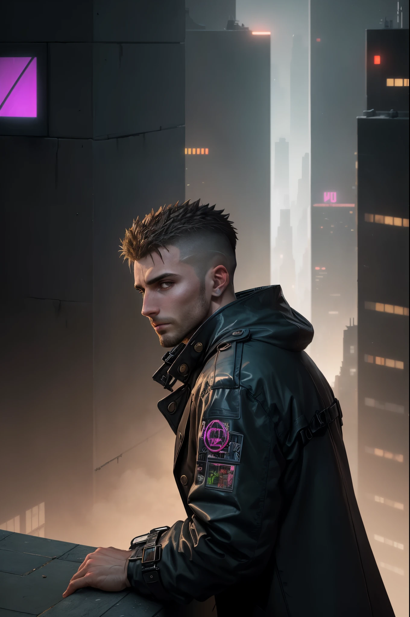 A man, 30 years old, brown eyes, hair shaved on the sides, combed back, wearing a dark trench coat with the collars turned up. He is leaning against the parapet of a building, observing from above the night of the cyberpunk city below in the background. Background futuristic cyberpunk make it realistic, Blade Runner, 8k, ultra hd