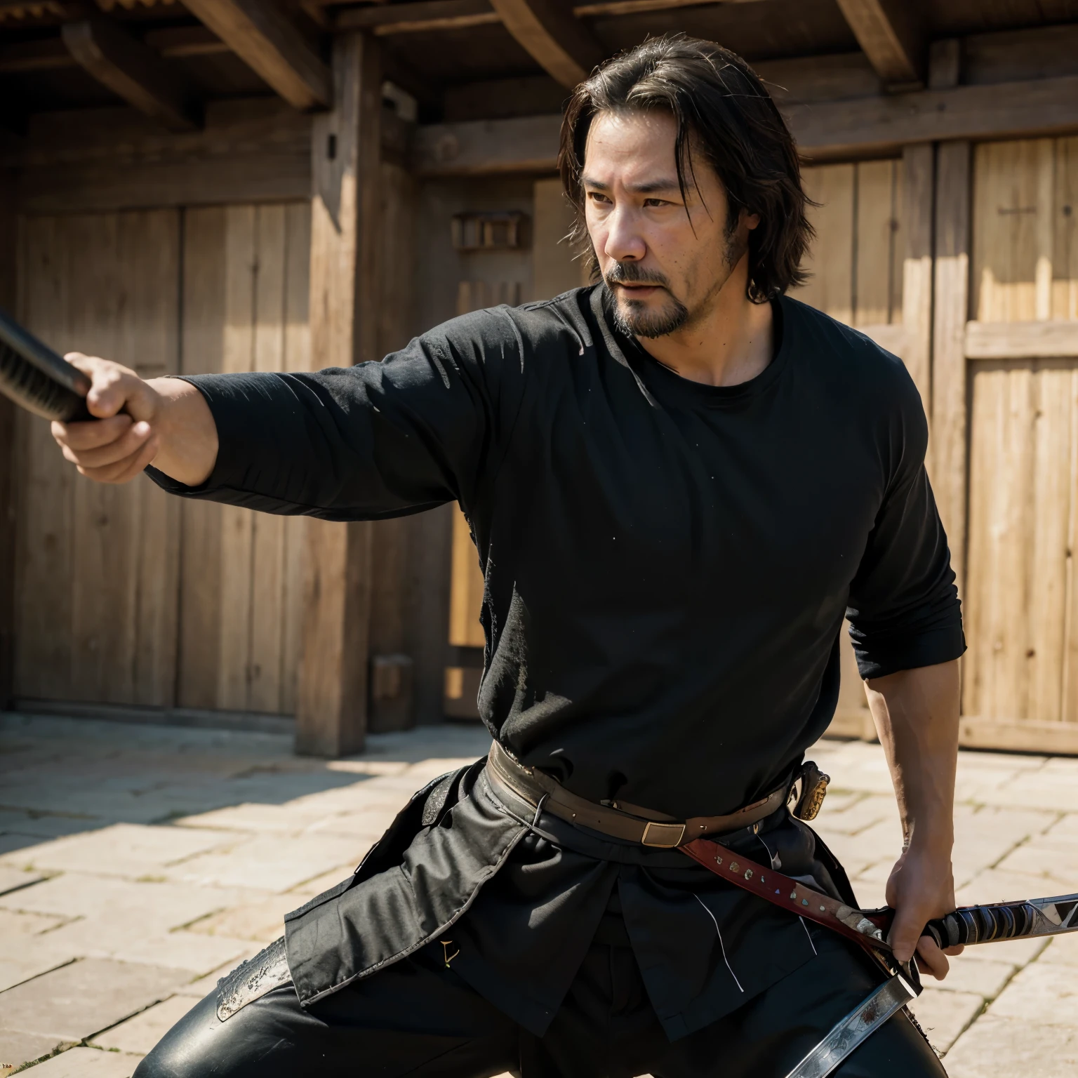 ((masterpiece, highest quality, hires, amazing detail, 8k, best quality, dynamic angle)), cinematic, portait, upper torso shot of middle aged man / Keanu Reeves / wearing samurai armour, holding a katana sword, (hires textures), dynamic pose, fighting stance, angry face, scars, kurosawa, highest quality, vibrant colours, Edo, feudal fantasy background, fantasy art, highest detail,