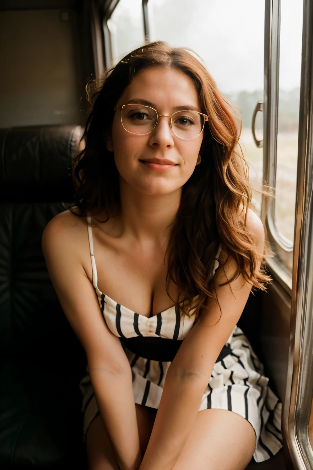(Best quality, Ultra detailed, Golden ratio, Masterpiece: 1.2), Theatrical lighting: 0.7, Photo of a (red-haired woman), dressed in a very elegant and beautiful dress, Perfect and rare face, (Very skin detailed), (wavy hair), Hide your mouth with your hands, ridiculous, skin texture, pale skin, shiny skin, (thin nose), (thin, large size: 1.2), [:(sharp focus on a strange face, perfect eyes: 1.2): 0.2], photorealistic, film grain, put one foot forward, from below looking up, look at the camera, emphasize the shoulders, focus on the face, stockings, glasses, smile with the corners of the mouth raised, disdainful expression, summer haze, muted colors, muted warm colors, cinematic photographic portrait of a woman dressed in a striped dress sitting by the window in the early morning, cinematic , (tilt: 1.3) (on an old train) looks cautious, standing under a spotlight, volumetric dust clouds, key light, backlight, soft natural lighting, grain photography ISO 400 30mm lens RAW f1 aperture .8, highly detailed (analog photography:1), hdr colors
