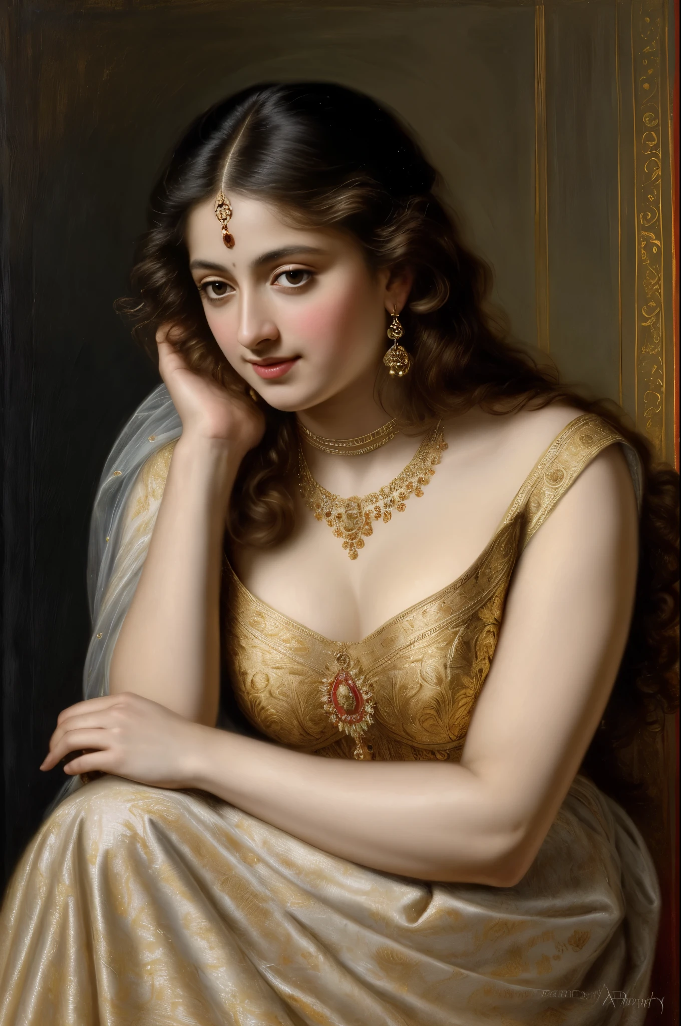 Best quality, highly detailed, masterpiece, Indian princess, Rajkanya, royal clothes, Masterpiece, extremely gorgeous woman, matchless Beauty, portrait, Peter Paul Rubens style, Woman, off shoulder bandeau crop blouse, middle ages, classicism, andrey atroshenko style, painting, long hair, styled hair, traditional media, realistic, figurative, fine art, detailed Art, oil on canvas, HDR, 8K, original character, high resolution, high detail, focus on the face, intricate, flawless, fluffy hair, Peter Paul Rubens style, By Peter Paul Rubens, sharp picture, avoid crown or mukut in picture,