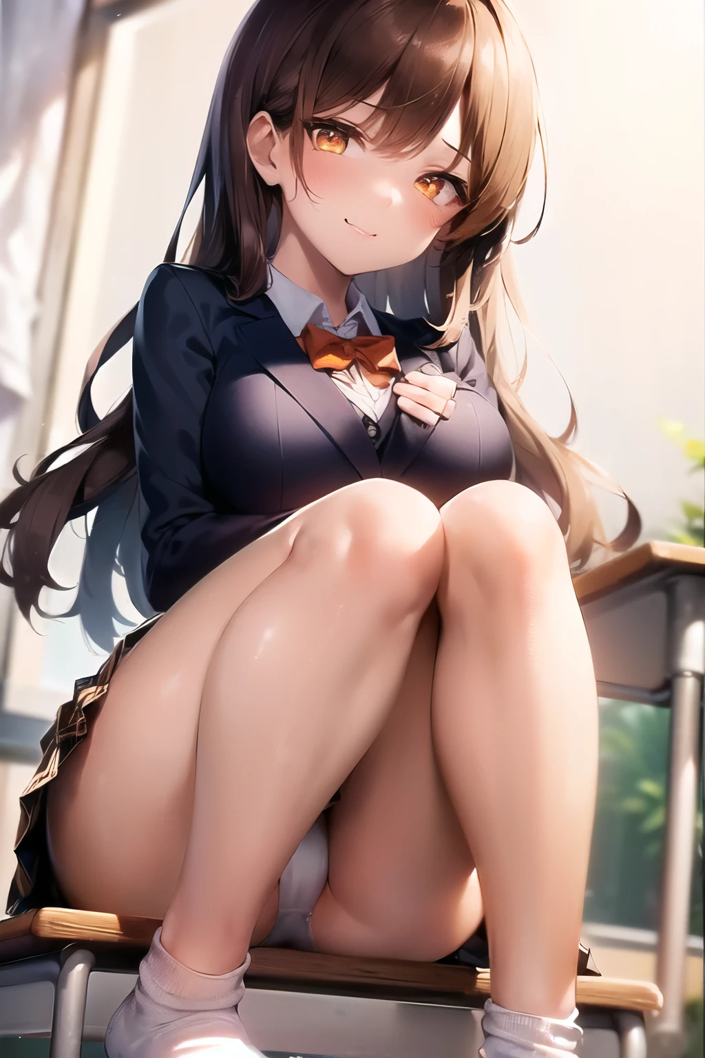 (((((1girl))))), (((best quality))), ((((masterpiece)))), (((ultra-detailed))), (illustration), (detailed light), (an extremely delicate and beautiful), (beautiful detailed eyes), (sunlight), ((extremely light)),
((((typical school blazer and a pleated skirt)))),
school girl,
wavy long hair, (((dark brown hair)), (((long hair))),
(((deep orange eyes))),
((whole body)), , (()),
diamond, beautiful, ((extra elegant)), (((condescending expression))), (sexually mischievous smile), (((extra adorable))), (((extra slender shape))),
(((sitting on her knees in the classroom))),
(((exposed pure white panties))),
(((extraordinarily thin thighs))),
((white ankle socks))),