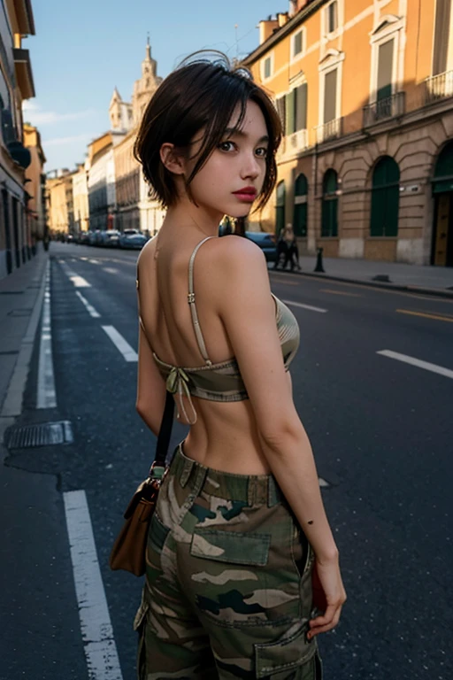 1girl、Streets of Rome、A city scape、city light、Contre-Jour、The upper part of the body、a closeup、8k、RAW Photography、top-quality、​masterpiece、realisitic、Photorealsitic、Tube Top、camo、Cargo pants、a blond、Bery short hair、blue eyess、Military boots、Woman looking back、a navel、backs、no bra dress