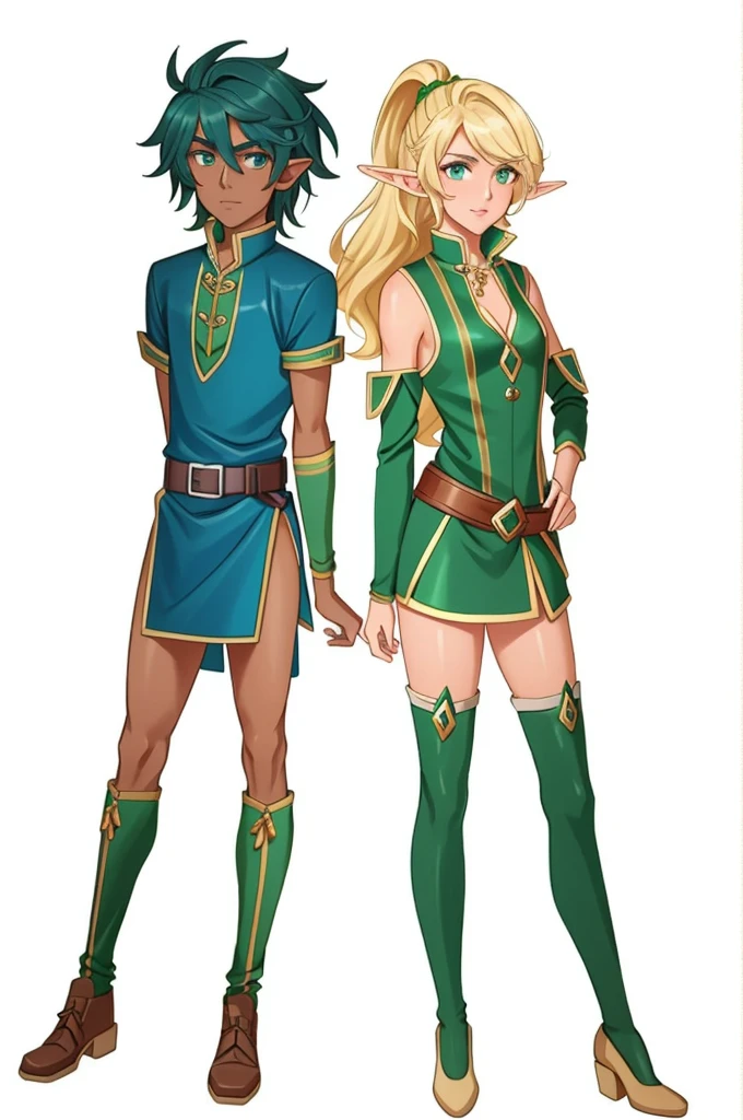 two characters of 1 male and 1 woman in different outfits, medium shot of two characters, elves characters, tan skin