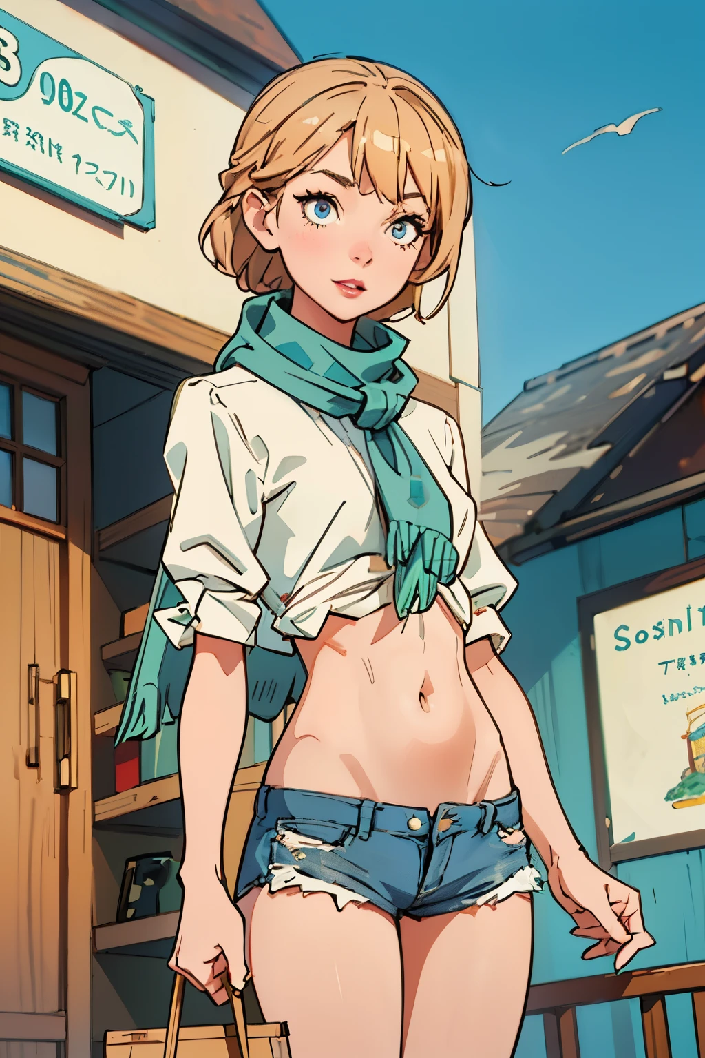Masterpiece, high quality pin-up illustration: Taylor Swift in a plaid shirt and tiny shorts, a scarf tied playfully on her head, vacuums the house with a shocked expression. Her eyes are bright and full of life, and her lips curl up in a bemused smile. Her plaid shirt is buttoned up to the collar, revealing a hint of her toned abs. The tiny shorts showcase her long, toned legs. The details in her illustration are ultra-detailed and realistic, with vibrant colors that capture the warmth of her personality. The atmosphere is lighthearted and whimsical, with a touch of surprise and amusement at the unexpected chore she's tack