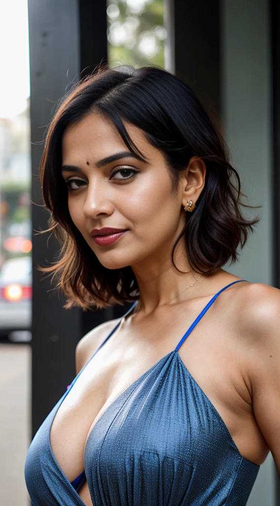 create a hyper realistic vertical photo of [[North Indian ]]most attractive woman in her 40s, blue color Sundress, extra big chest, 36d, flirty gaze, Feathered Bob , trending on artstation, portrait, digital art, modern, sleek, highly detailed, formal, determined, pink liner lipstick, soft lips, black eyes