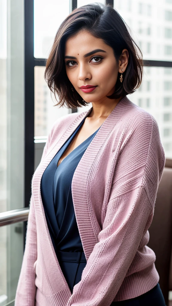 create a hyper realistic vertical photo of Indian most attractive serious woman flirty gaze in her 40s, blue sweater suit, Layered Bob for Thick Hair, trending on art station, portrait, digital art, modern, sleek, highly detailed, formal, determined, CEO, colorized, smooth, charming, pretty, soft smile, pink lipstick, soft lips,