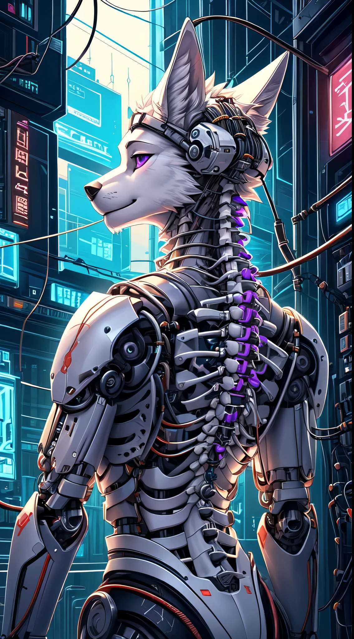 score_9, score_8_up, score_7_up, score_6_up, masterpiece, high quality, best quality, perfect, {kemono}, furry, source furry, furry art, uploaded on e621, robot, android skin, barcode tattoos on the body, (broken neck:1.2, broken arms:1.2, damaged belly:1.2), solo, femboy, young, teen, teenage, teenager, nude, slim, flat chest, flat belly, cat, blue skin, white chest skin, white arms, white legs, short spiky white hair, talking, black mouth, black tongue, canine teeth, blue robotic eyes, hard nipples, massive erect white penis with foreskin, erection, dripping precum, wire, cable, mechanical parts, mechanical component, in the slum at night, slum at night background, night, night time, looking away,