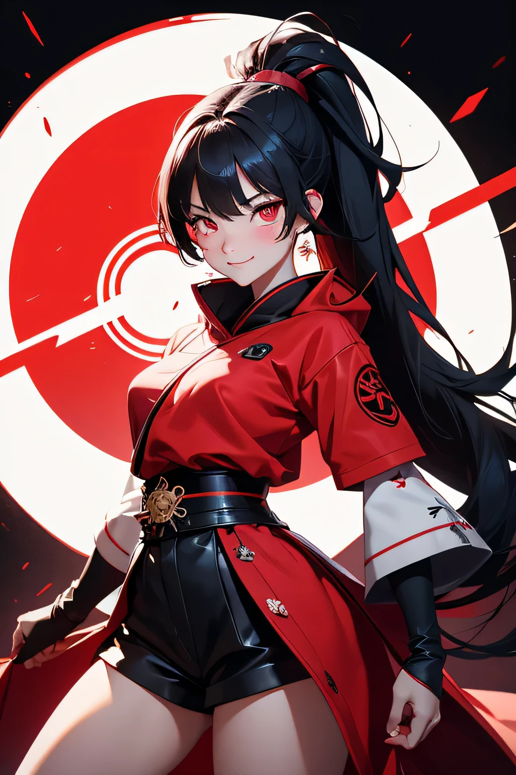 samurai girl, tela roja, red rays in pelo negro, long eyelashes, solid circle eyes, sonrisa ligera, rubor de oreja, una cola de caballo alta y larga, ojos rojos con un brillo amarillo, pelo negro, flequillo contundente, sonriendo como un yandere, pantalones cortos negros, Surrealismo, sombra paralela, anaglyph, fondo rojo, estereograma, cuerpo completo, Atmospheric perspective, animado, Sony FE GM, 8k, super detail, preciso, Mejor calidad, anatomically correct, super detail