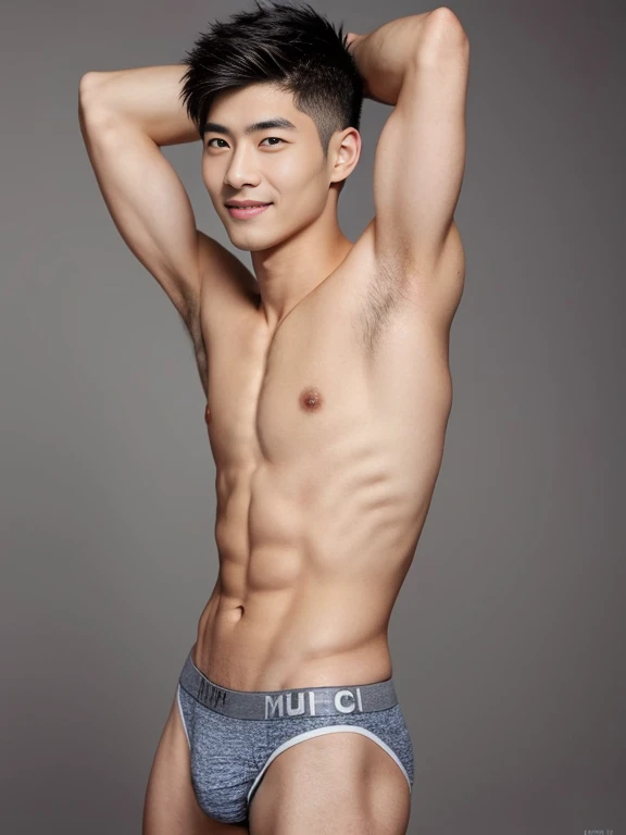 Japanese male model in a briefs, Full Body Shoot, Quiff haircut, look at camera, detailed facial parts, Manly, Charmer, Active Boy, stand in front of gray background, Freestyle Pose, Happy Expression, perfect anatomy, symmetric body, asian boy 19 years old, shirtless :: high detail, asian, a little six packs attractive body, realistic, human skin, Short Hairstyle, handsome chad chin, shirtless, handsome, attractive, masculine, sexually attractive, human skin, (eyes contact), Handsome, Attractive