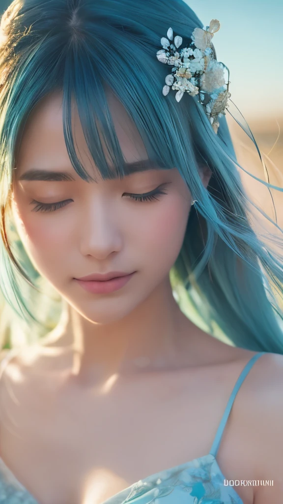 {{masterpiece}}, {{highest quality}}, {{Super detailed}}, {{illustration}}, cinematic lighting,beautiful delicate shine, dynamic angle, Depth of bounds written, light_leak, wonderful, fine details, 4k, 8K, japanese idol, blue hair, Elegant model, azure sky, floral field, green meadow, serene look, radiant warm hues, natural charm