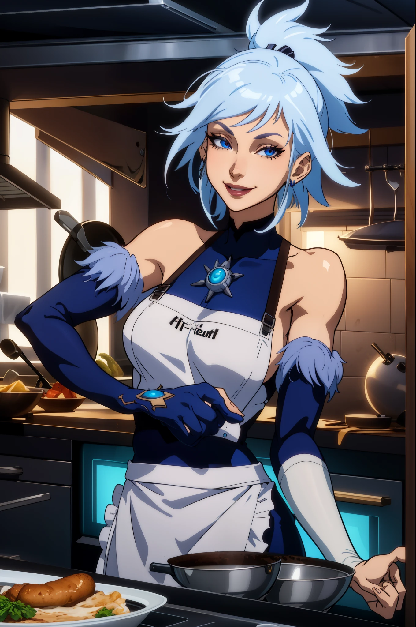 (extremely detailed CG unity 4k wallpaper),(masterpiece),(best quality),(ultra-detailed),(best illustration),(best shadow),(absurdres),(detailed background) Killer frost, smiling, kitchen, cooking, apron,