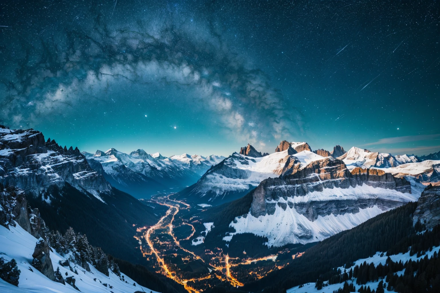 A winter landscape in Switzerland with Impressive mountains and a lake in the foreground at nighttime with the Milky Way above the Mountains