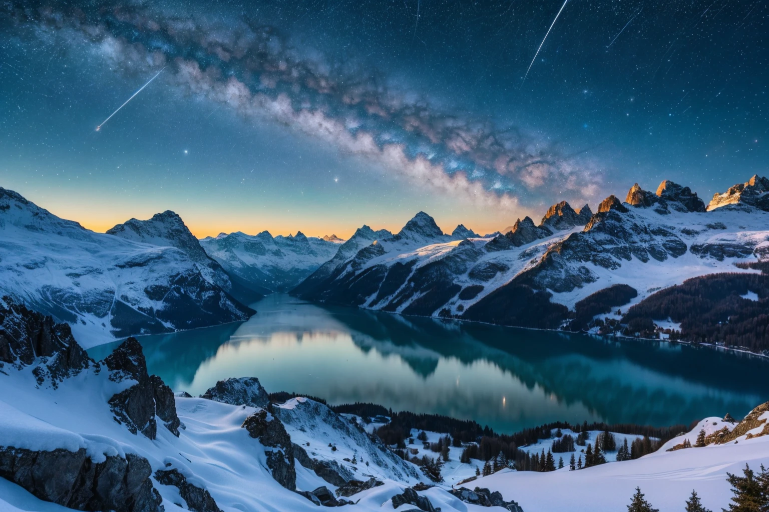 A winter landscape in Switzerland with Impressive mountains and a lake in the foreground at nighttime with the Milky Way above the Mountains