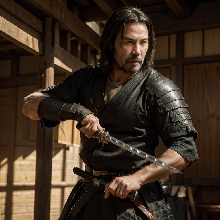 ((masterpiece, highest quality, hires, amazing detail, 8k, best quality, dynamic angle)), cinematic, portait, upper torso shot of middle aged man / Keanu Reeves / wearing samurai armour, holding a katana sword, (hires textures), dynamic pose, fighting stance, angry face, scars, kurosawa, highest quality, vibrant colours, Edo, feudal fantasy background, fantasy art, highest detail, 