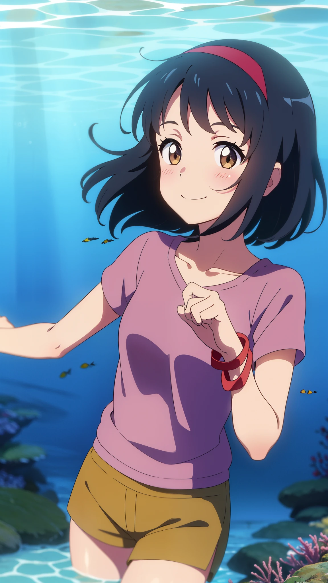 shinkai makoto, kimi no na wa., 1girl, bangs, black hair, blush, brown eyes, shiny skin, red headband, casual shirt, women's shorts, shorts, short hair, smile, cute, solo, happy, Hair floating on water, under the water, upper-body, close-up, reefs, sea weed, deep blue underwater, seaweed, a sea turtle, gold fish