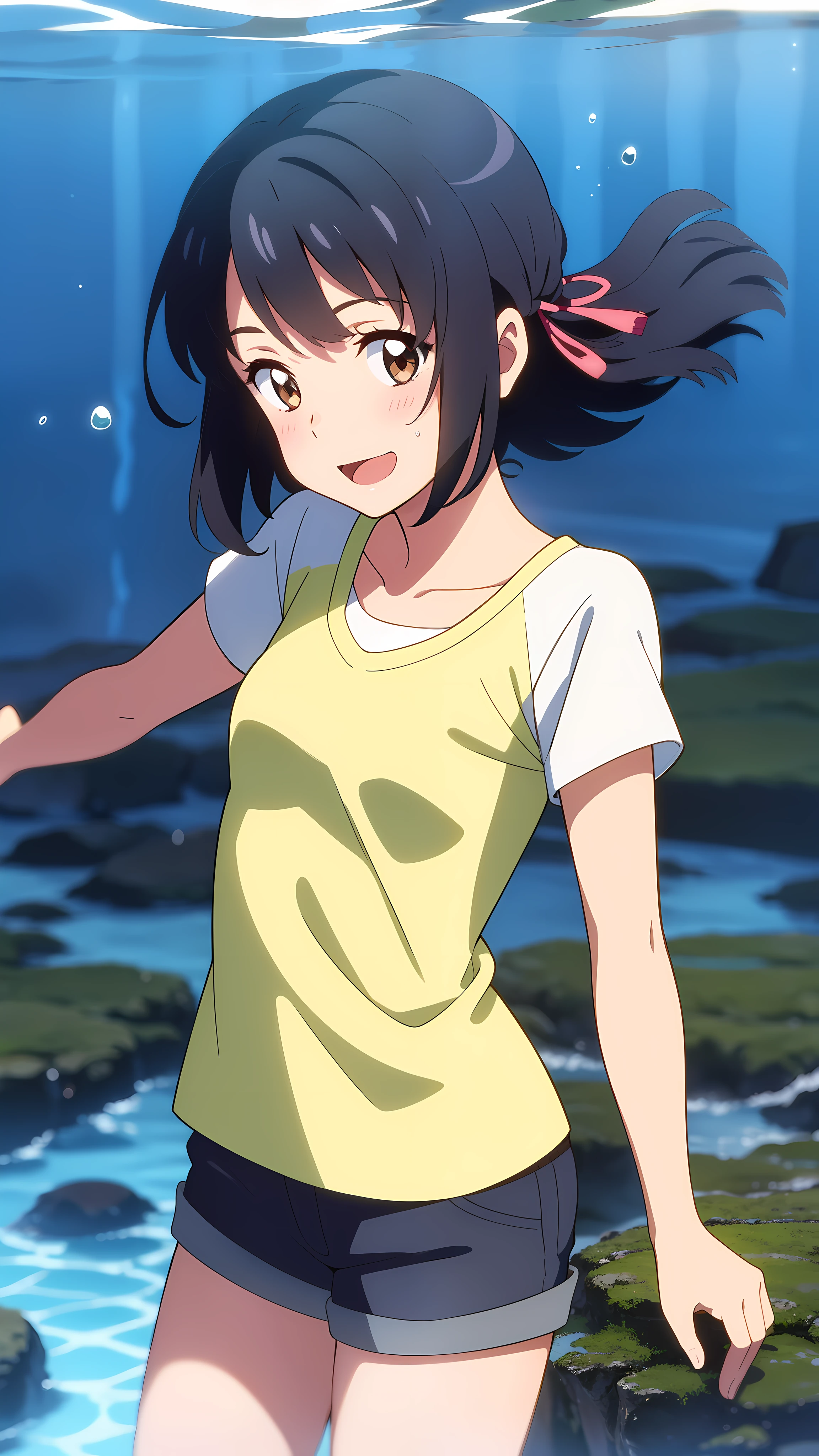 shinkai makoto, kimi no na wa., 1girl, bangs, black hair, blush, brown eyes, shiny skin, red headband, casual shirt, women's shorts, shorts, short hair, smile, cute, solo, happy, open mouth, Hair floating on water, under the water, upper-body, close-up, reefs, sea weed, deep blue underwater, seaweed, a sea turtle, gold fish
