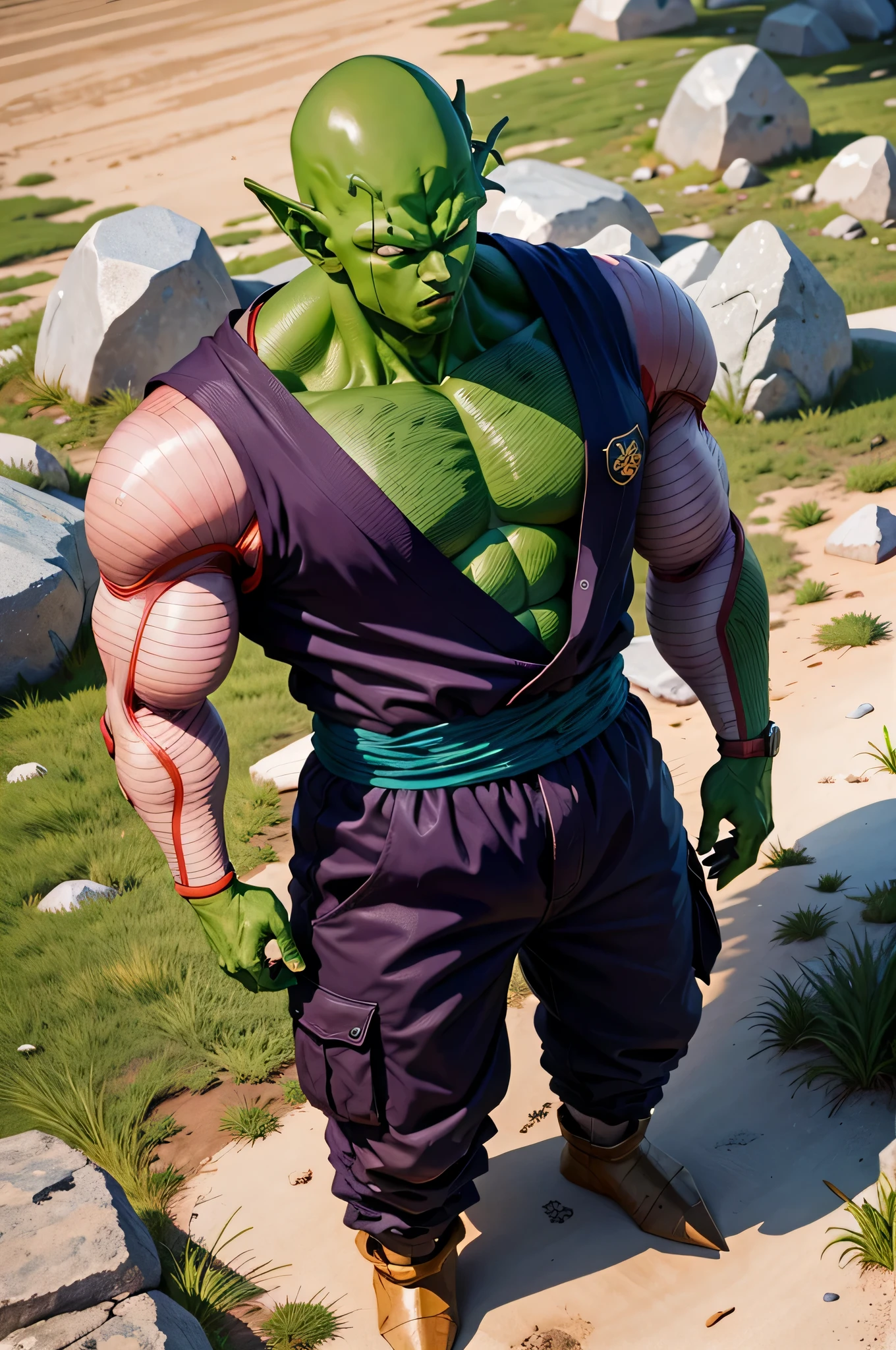 masterpiece, best quality, realistic, photorealistic, 8k,piccolo, 1boy, male focus, solo, standing, pointy ears,(tactical combat armor purple dougi), green skin, oni horns, purple cargo pants, closed mouth, looking at viewer, ((bald)),arms at sides,pink patches,black eyes, blue sash, rocks, grassfield,realistic