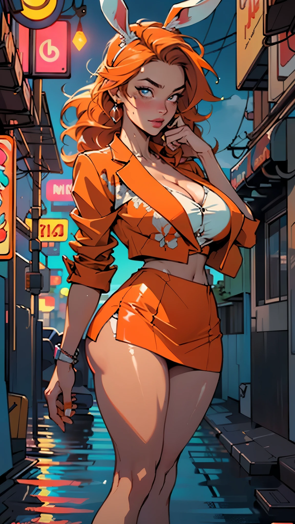 cute bunny girl,(((1girl))),((bunny girl with extremely cute and beautiful orange hair)),(((bunny girl,anthro furry cute,bunny-girl,bunny ears,bunny ears on head,big bunny ears))),
(large breasts:1.4),saggy breasts,(((red orange hair:1.35,colored inner hair,ear breathing,large hair))),((heterochromia:1.5, (red_eye and orange_eye))),intricate eyes,beautiful detailed eyes,symmetrical eyes,big eyes:1.3,((fat)),(((lustrous skin:1.5,bright skin: 1.5,skin tanned,shiny skin,very shiny skin,shiny body,plastic glitter skin,exaggerated shiny skin,illuminated skin,wet legs))),(spider lower abdomen,narrow waist,wide hip,athletic body,inflated legs, thick thighs,detailed body,(detailed face)),
cute,slutty,seductive,erotic,(((nsfw))),
(((wearing dark red formal blazer,short skirt,))),(((huge cleavage))),((wet clothes,intricate outfit,intricate clothes)),
(dynamic pose:1.0),solo focus,embarrassed,(centered,scale to fit dimensions,Rule of thirds),
cyberpunk city by the ocean at night, with bright neon signs and dark stormy clouds and puddles, scenery:1.25,nighttime, starry night, cosmos,Very dark night that makes the neon lights stand out, very bright neon lights,nighttime, starry night, cosmos,
artistic photography,(photography taken by sldr),highres, sharp focus,(ultra detailed, extremely detailed), (photorealistic artwork:1.37),(extremely detailed CG unity 8k wallpaper),((synthwave background theme)),(((vibrant colors))),intricate,(intricate background),(masterpiece),(best quality),perfect rendered face,perfect face details,realistic face,photo realistic,analog style,((intricate detail)),(((realism))),