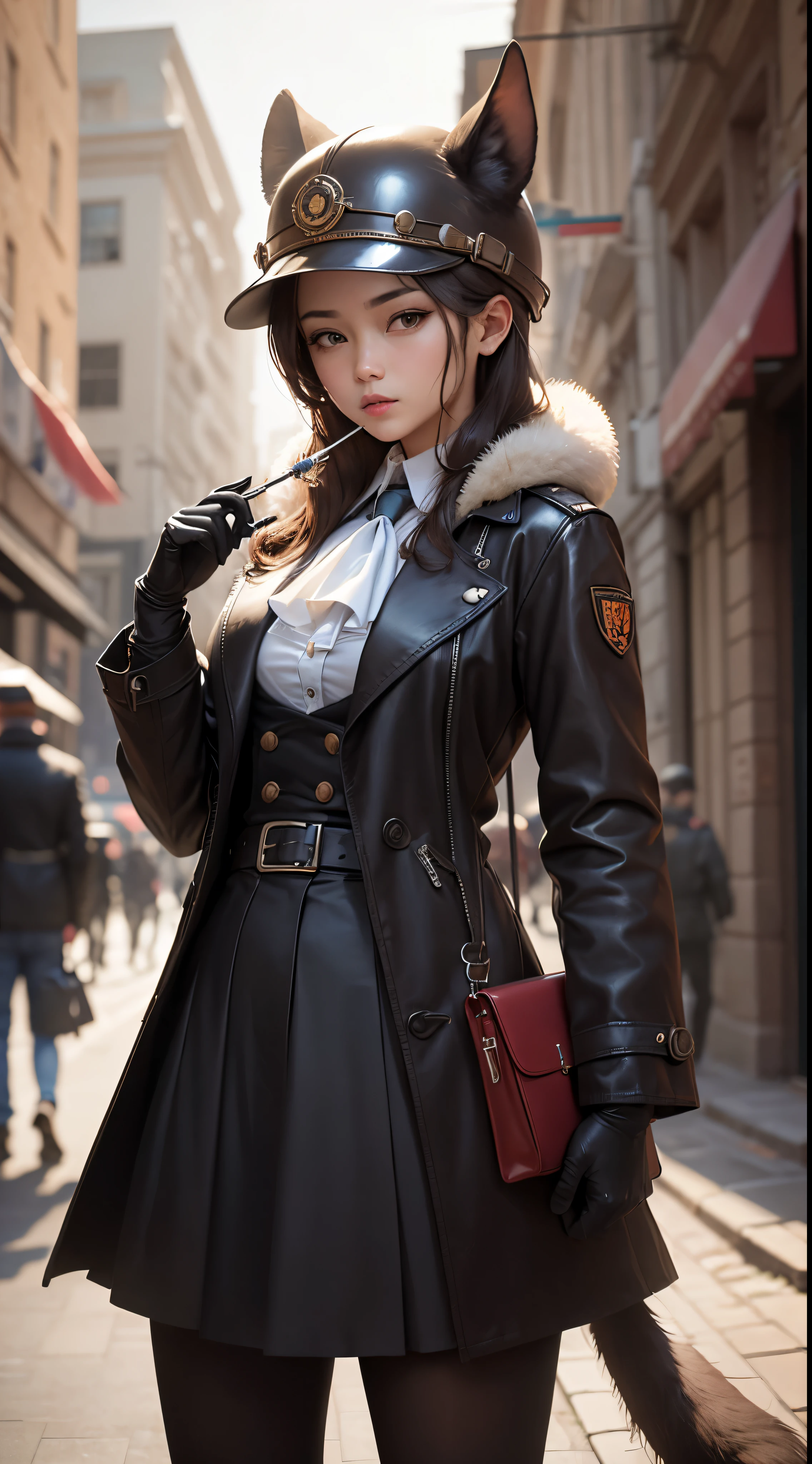 (masterpiece, best quality, ultra detailed), 1other, reimeikyou, solo, gloves, long sleeves, black gloves, coat, ascot, helmet, black coat, whistle, whistle around neck, covered face, helm, tail,