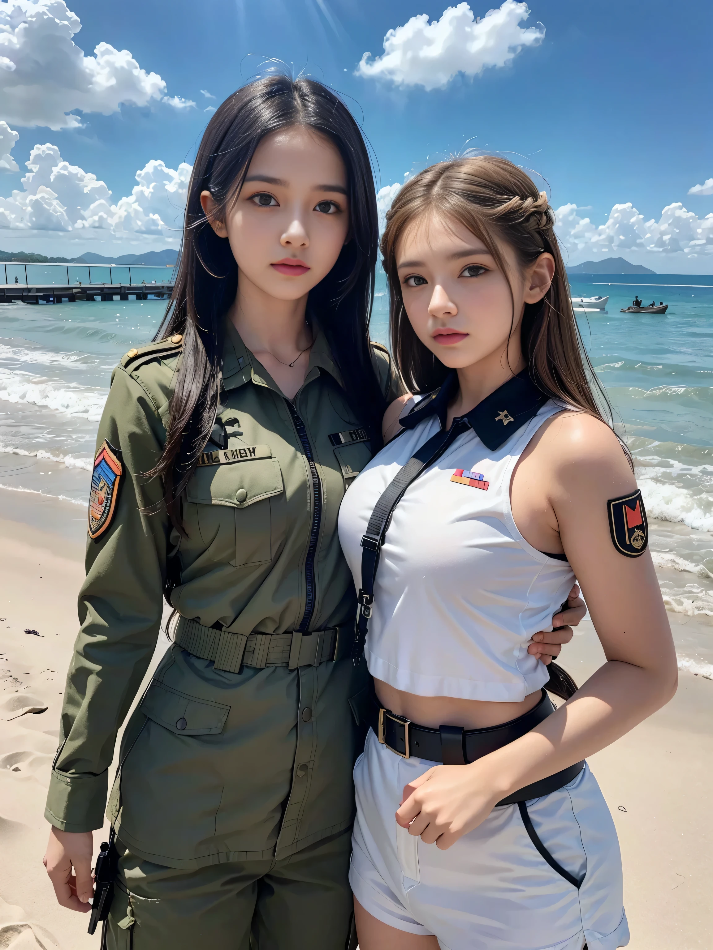 two women in army uniforms posing for a picture on a beach, a portrait by Emma Andijewska, trending on cg society, dau-al-set, soldiers, infantry girls, alena aenami and lilia alvarado, wearing military outfit, soldier girl, perfect military composure, wearing dirty soldier uniform, militaristic!!!, miltary