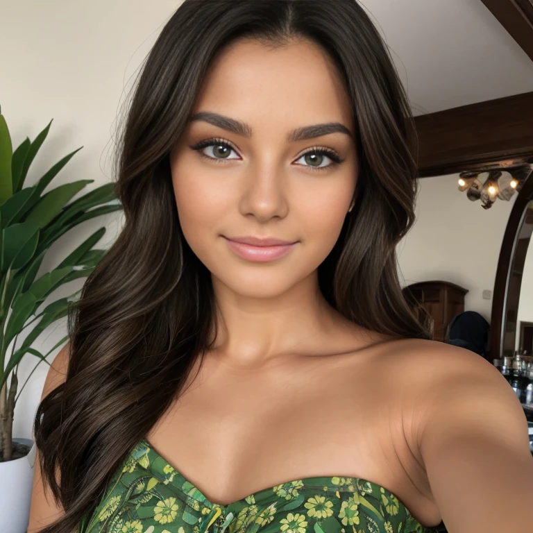 Very Lindo brunette with striking Recursos do espanhol latino, cabelo preto comprido, Recursos do espanhol latino, olhos verdes grandes e brilhantes, Lindo, Ela tem 33 anos (( meia idade)) taking a selfie in a light floral dress in summer in Spain, flawless beauty, beleza natural (( olhos verdes perfect)) (( naturalmente linda)) 