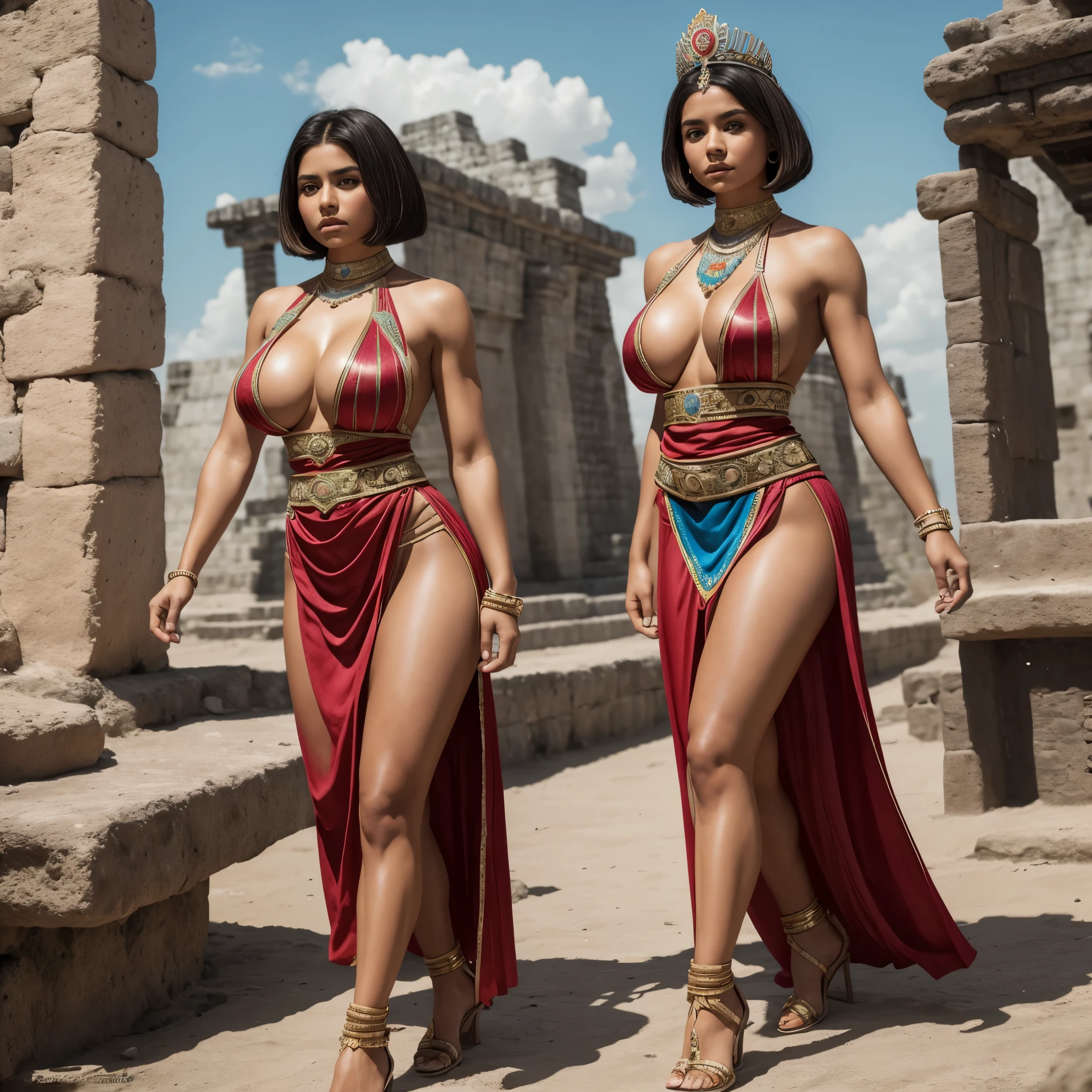 Isabel Merced, mayan princess, full body, bob_cut hair, slim photo model, muscular full, big breasts, challenging look, princess clothing