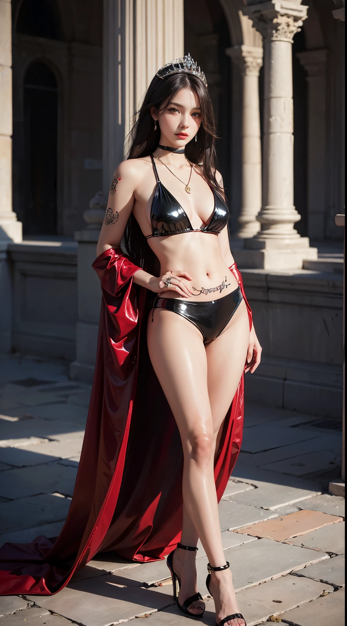 ((masterpiece:1.4)、(highest quality:1.4)、(realistic:1.7))、Ultra-realistic portrait of the beautiful queen of Mars、super pretty girl queen、((1 girl:1.4))、Shiny natural skin texture、(super ultra ultra bikini)、(Luxurious shiny latex:1.4)、19 years old、(cute tattoo:1.4)、(perfect female body:1.4)、perfect proportions:1.4、girl portrait photography、sharp focus、(standing:1.4)、(full body photo:1.4)、fantasy art、soft front light、beautiful face、beautiful breasts、big breasts:1.2、beautiful butt、detailed eyes、beautiful and attractive eyes、beautiful eyes、narrow waist、(Beautiful girl with long legs and good style:1.4)、beautiful feet、Raw photo、red lips、red high heels、(tiara:1.4、choker:1.4、necklace:1.4、earrings:1.4)、1 screen display、Beautiful girl standing on the ruins of the ancient Martian kingdom