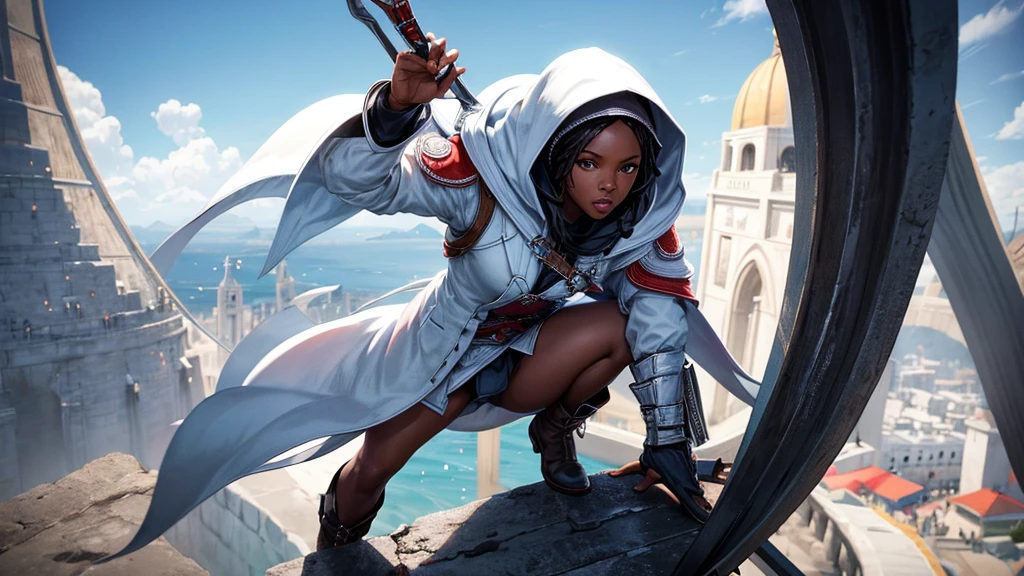 black woman wearing a white coat with a hood on her head crouching in an action pose on top of the Arco da Lapa in Rio de Janeiro, action image from the game Assassin's Creed
