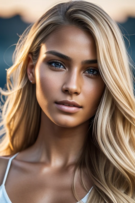 ((half body)) portrait photo of a beautiful 25 years european woman, endless long (extra long wavy blonde hair), Award - winning photograph, Masterpiece, 8k, ultra high res, hyper detailed, beautiful woman, perfect face, rule of thirds, Perfect eyes, Perfect iris, perfect pupils, (perfectly round iris:1.3), Perfect lips, Perfect teeth, dimples, perfect nose, highly detailed hair, ((detailed face)), ((detailed facial features)), (finely detailed skin), tanned skin, realistic skin texture, extreme skin details, (pores:0.1),(sweaty:0.8), insane details, intricate details, amazing fine detail, photorealistic, photograph, photorealism, rich colors, lifelike texture, neutral colors, Soft front light,cinematic lighting, dramatic lighting,dappled light on face, backlight on hair, sharp focus, wide angle, film grain, dslr, raw photo, photographed on Nikon