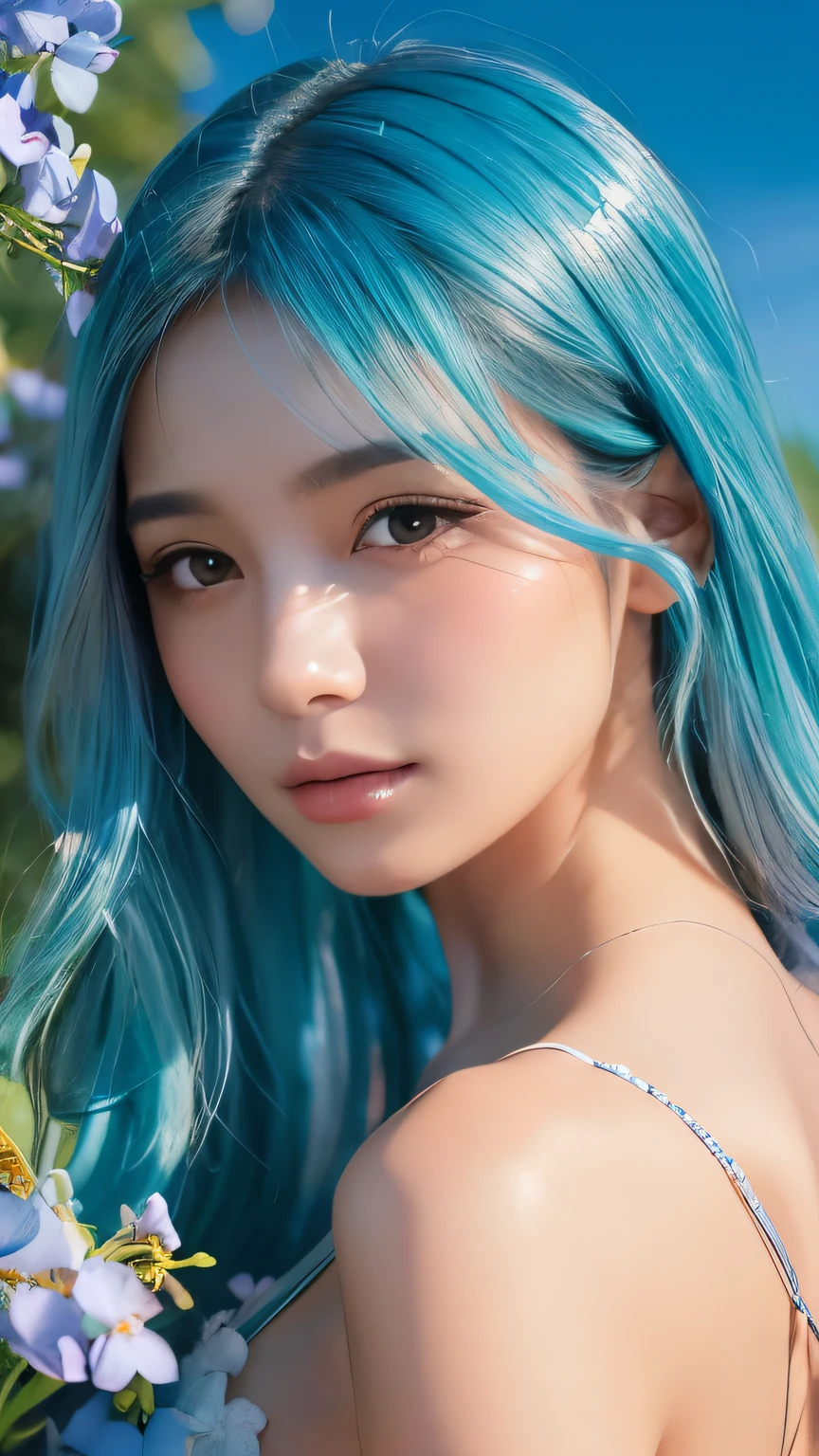 {{masterpiece}}, {{highest quality}}, {{Super detailed}}, {{figure}}, cinematic lighting,Beautiful delicate shine, dynamic angle, written boundary depth, light_leak, wonderful, small details, 4K, 8K, japanese idol, blue hair, elegant model, azure sky, flower garden, green grassland, calm expression, Shining warm colors, Natural attractions, See-through,