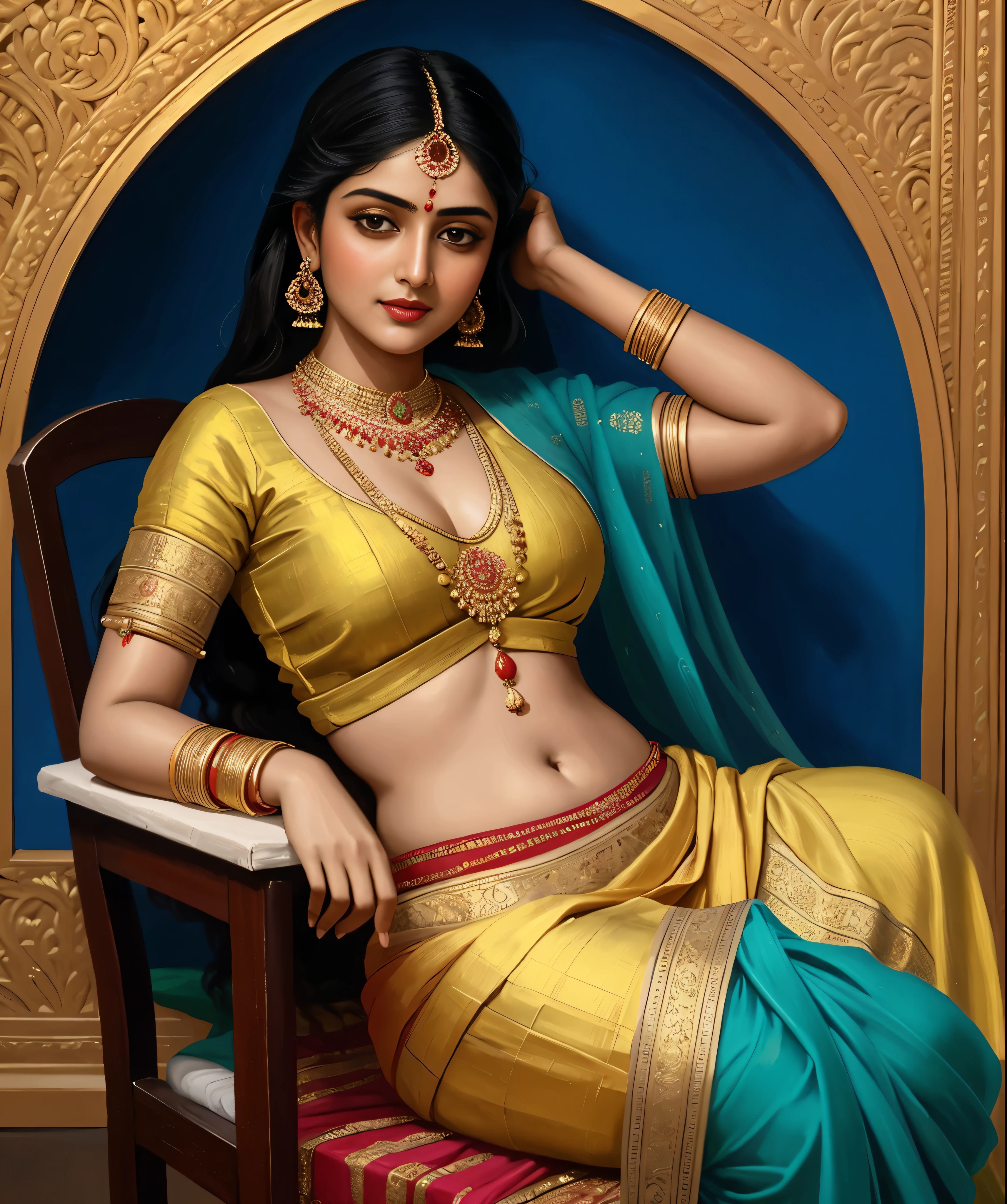 Bathing woman, gorgeous, Masterpiece,8k uhd, hdr, realistic, hyper realistic, intricate, vibrant colour, painting of a woman in a sari sitting on a chair, traditional beauty, inspired by Raja Ravi Varma, indian art, by Raja Ravi Varma, painting of beautiful, inspired by T. K. Padmini, painting of a woman, by Sardar Sobha Singh, gorgeous woman, oil on canvas painting, traditional painting, oil-painting