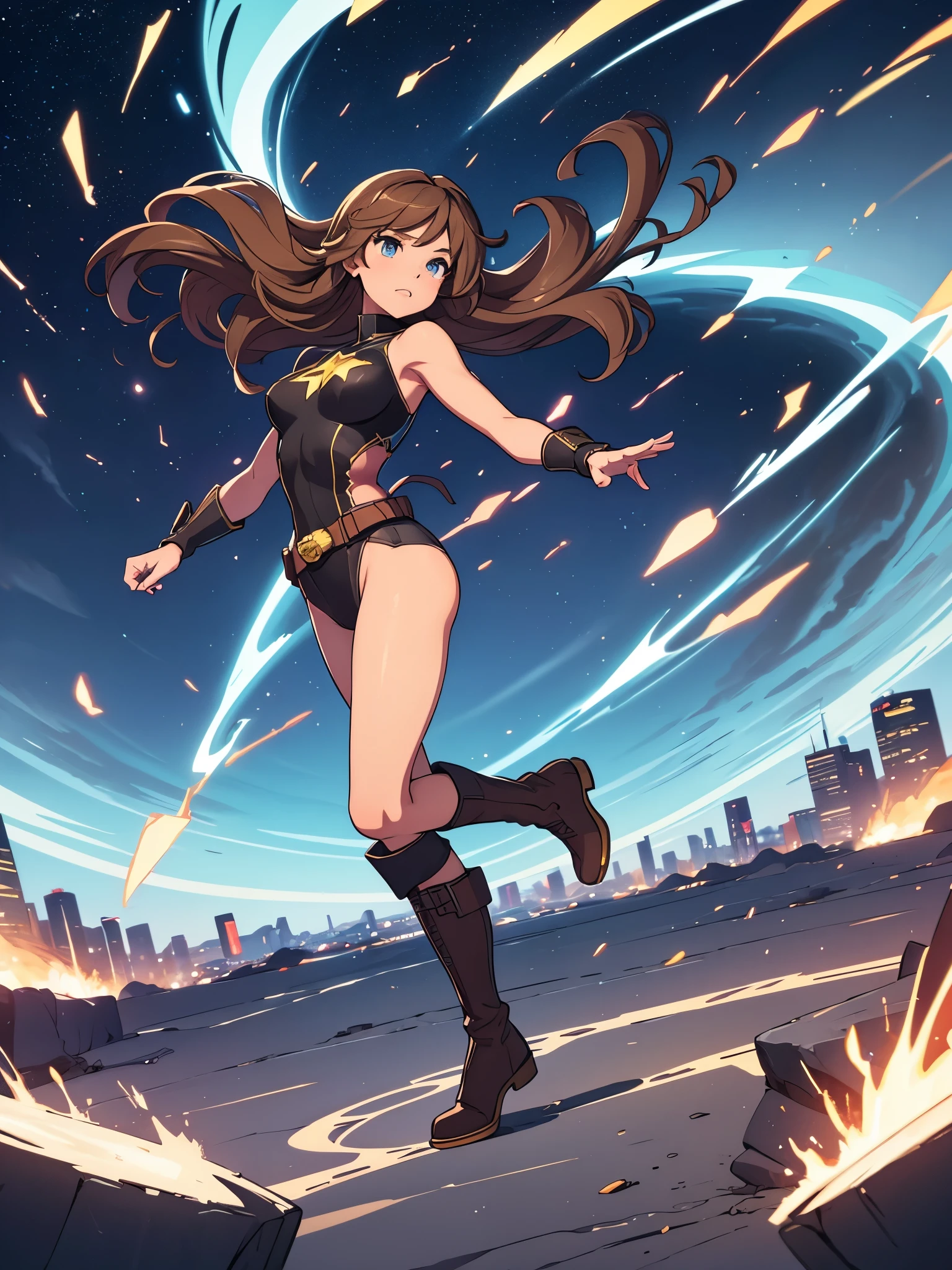 1girl, medium breasts, leotard, bare legs, tight belt, boots, matching boots, gloves, city backdrop, solo, single, full body shot, cowboy shot, superhero, beautiful detailed eyes, mature lady, star symbol on chest, brown hair, high leg leotard, spins fast in place like a tornado, wind swirls, rapid gyration, girl tornado spinning girl, turning to a whirlwind, outstretched arms, standing, ((only five fingers))