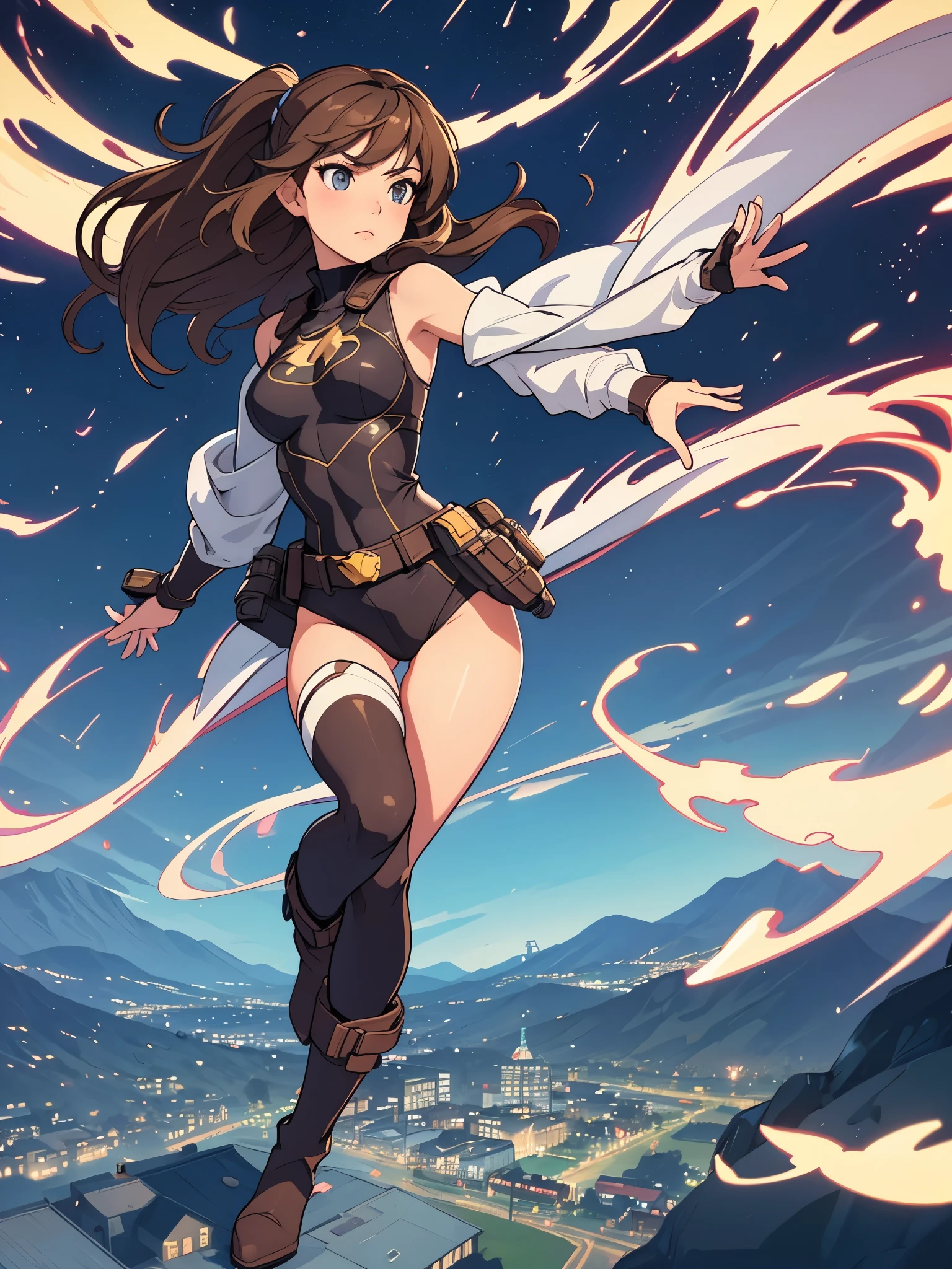 1girl, medium breasts, leotard, bare legs, tight belt, boots, matching boots, gloves, city backdrop, solo, single, full body shot, cowboy shot, superhero, beautiful detailed eyes, mature lady, star symbol on chest, brown hair, high leg leotard, spins fast in place like a tornado, wind swirls, rapid gyration, girl tornado spinning girl, turning to a whirlwind, outstretched arms, standing, ((only five fingers))