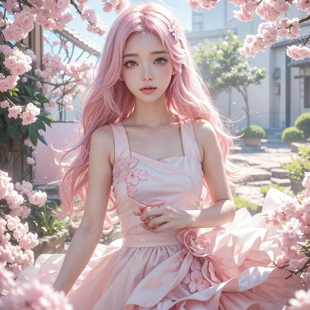Light pink hair, pink eyes, pink and white, sakura leafs, vivid colors, white dress, paint splash, simple background, ray tracing, wavy hair