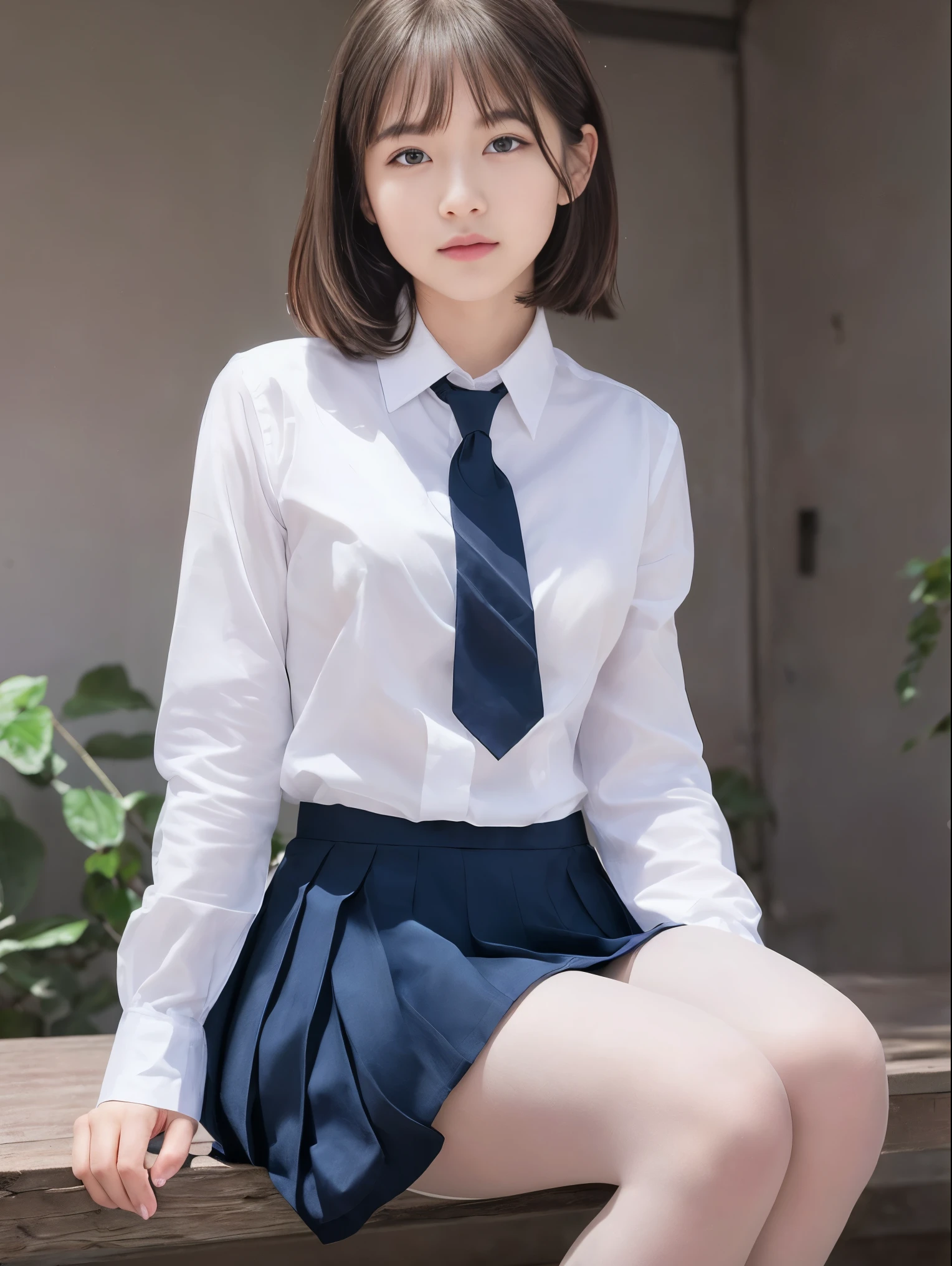 ultra realistic 8k cg, picture-perfect face, flawless, clean, masterpiece, professional artwork, famous artwork, perfect face, beautiful face, beautiful eyes, ((perfect female body)), solo,(immersive atmosphere, chiaroscuro:1.5,bright light:1.2,luminous lighting)
,,(blush:0.5),seductive expression,extremely detailed_eyes,thick thighs,large breasts,
beautifully detailed background,depth of field,realistic:1.3, long shot,1girl,shirt,pleated skirt, school uniform, sitting, full body, 
(ambient light:1.3),(cinematic composition:1.3),(HDR:0.1), professional Lighting, white pantyhose,